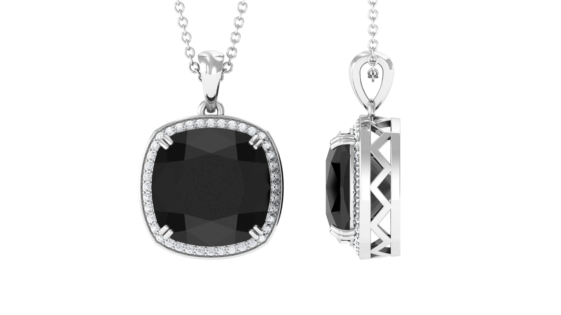 Created Black Diamond Pendant Necklace With Moissanite Halo