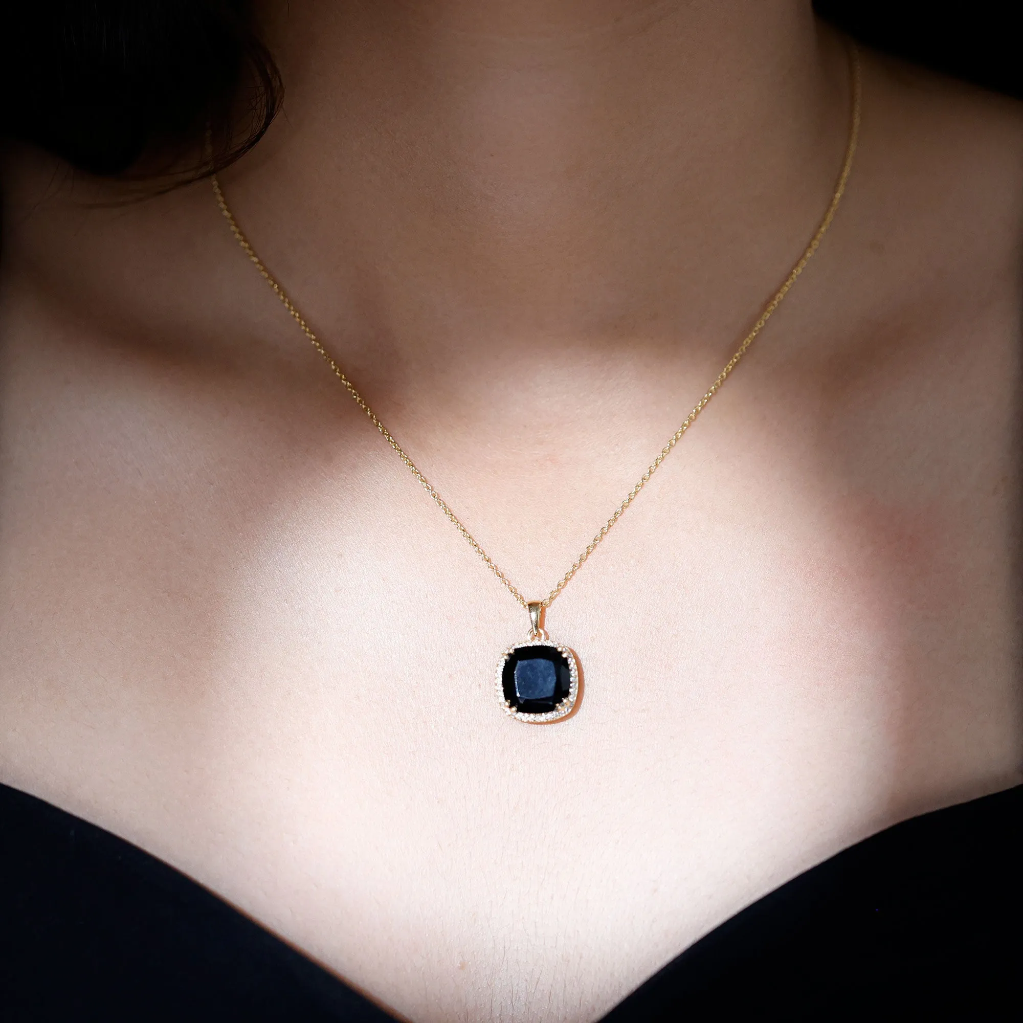 Created Black Diamond Pendant Necklace With Moissanite Halo