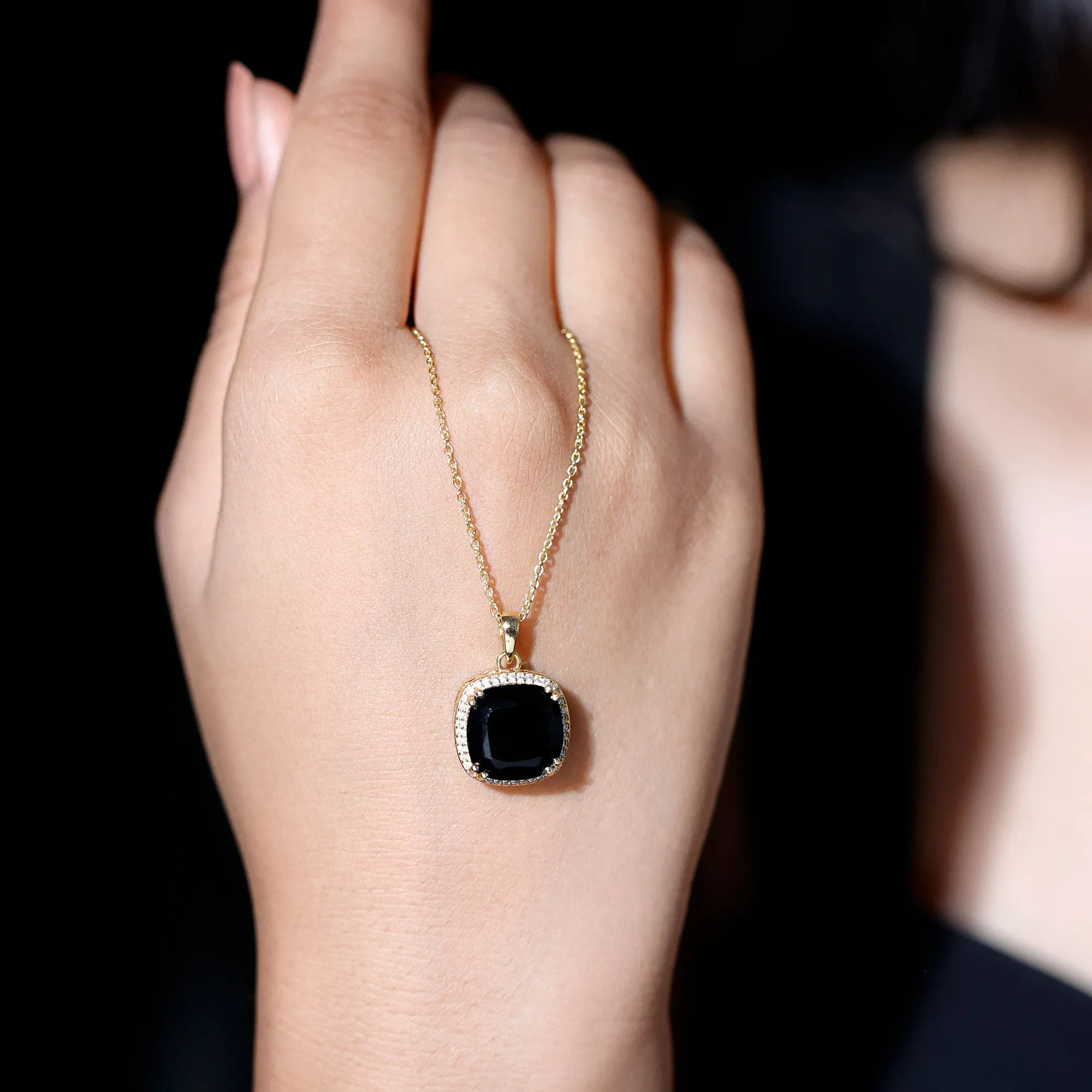 Created Black Diamond Pendant Necklace With Moissanite Halo