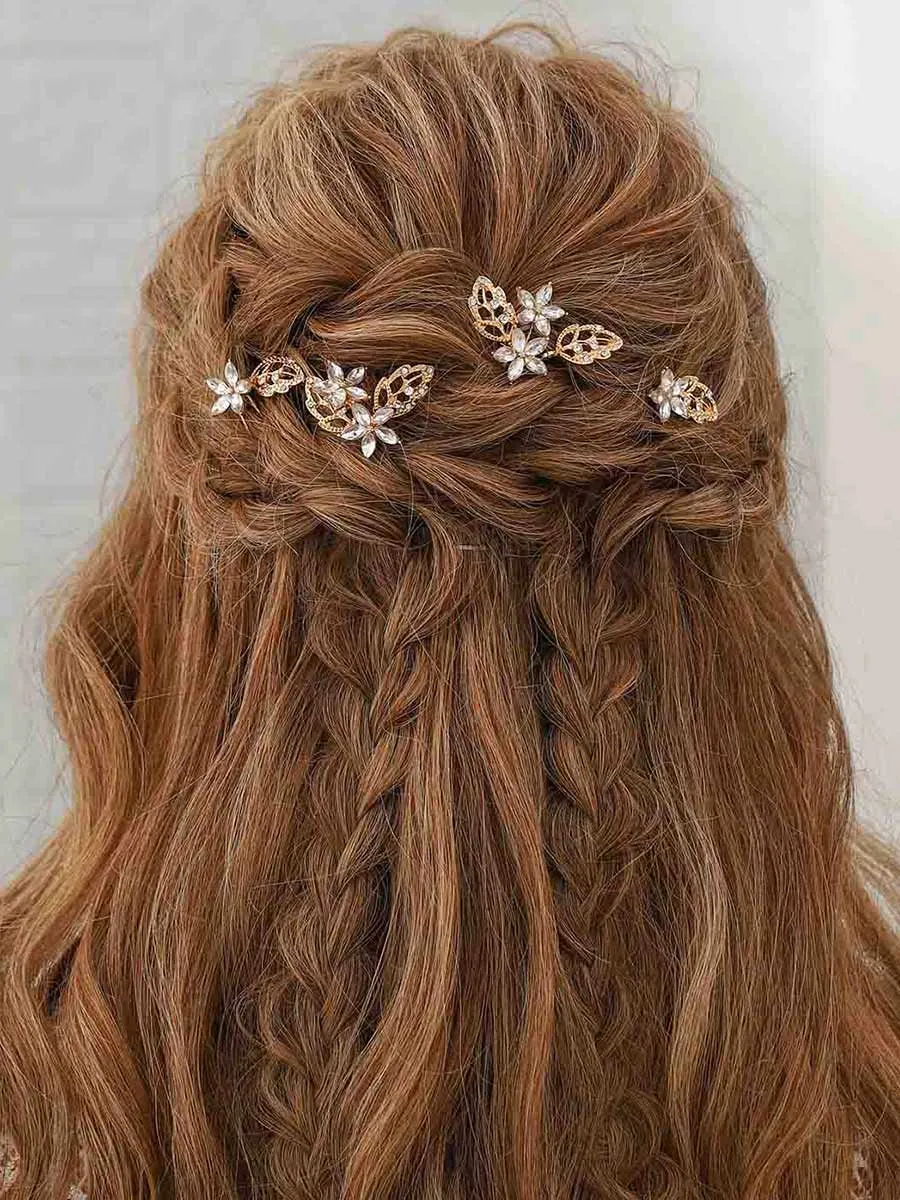 Crystal Bride Wedding Hair Pins Gold Leaf Hair Pieces Bridal Hair Accessories