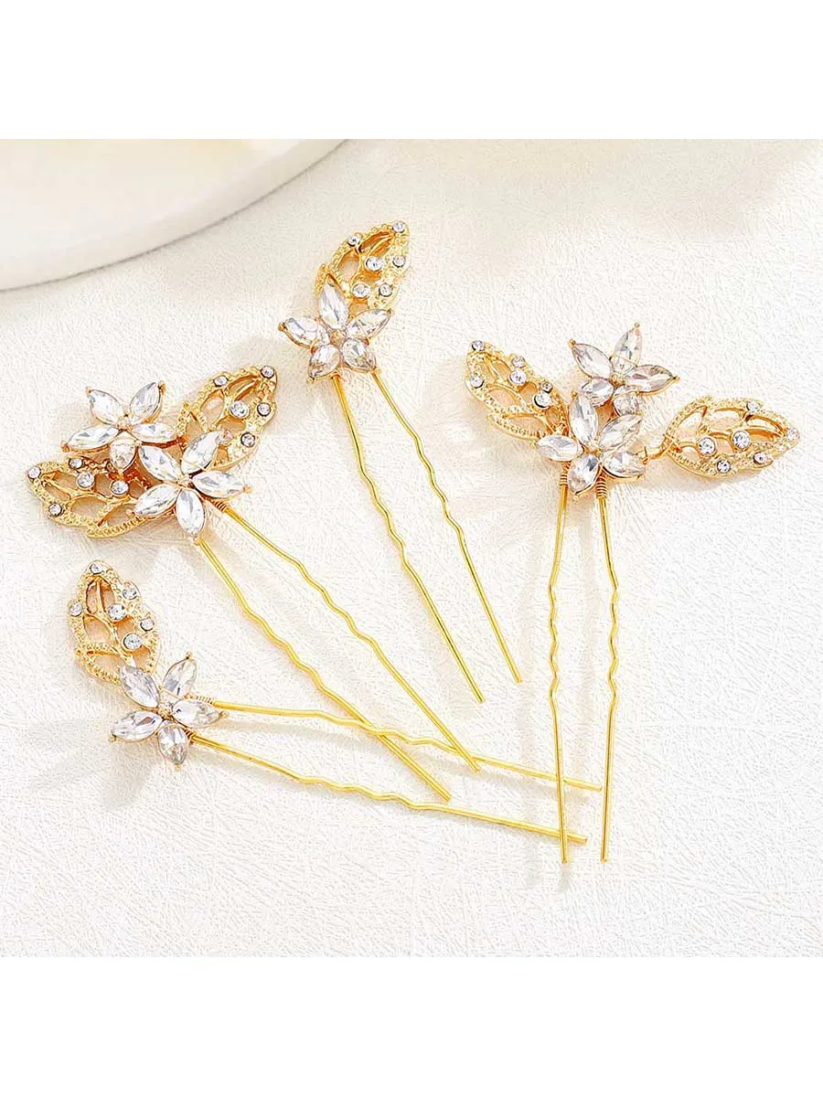 Crystal Bride Wedding Hair Pins Gold Leaf Hair Pieces Bridal Hair Accessories