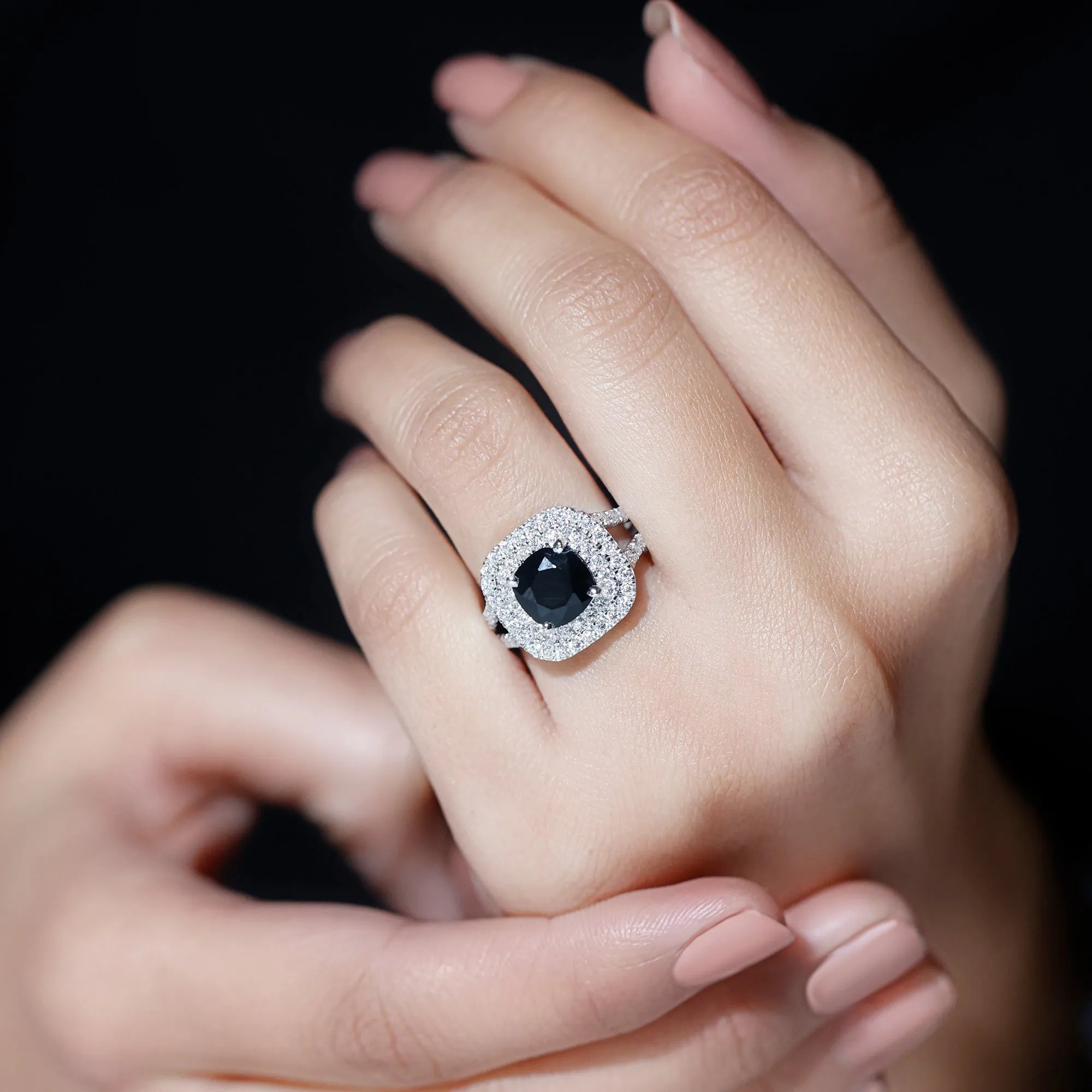 Cushion Black Onyx Vintage Inspired Halo Engagement Ring