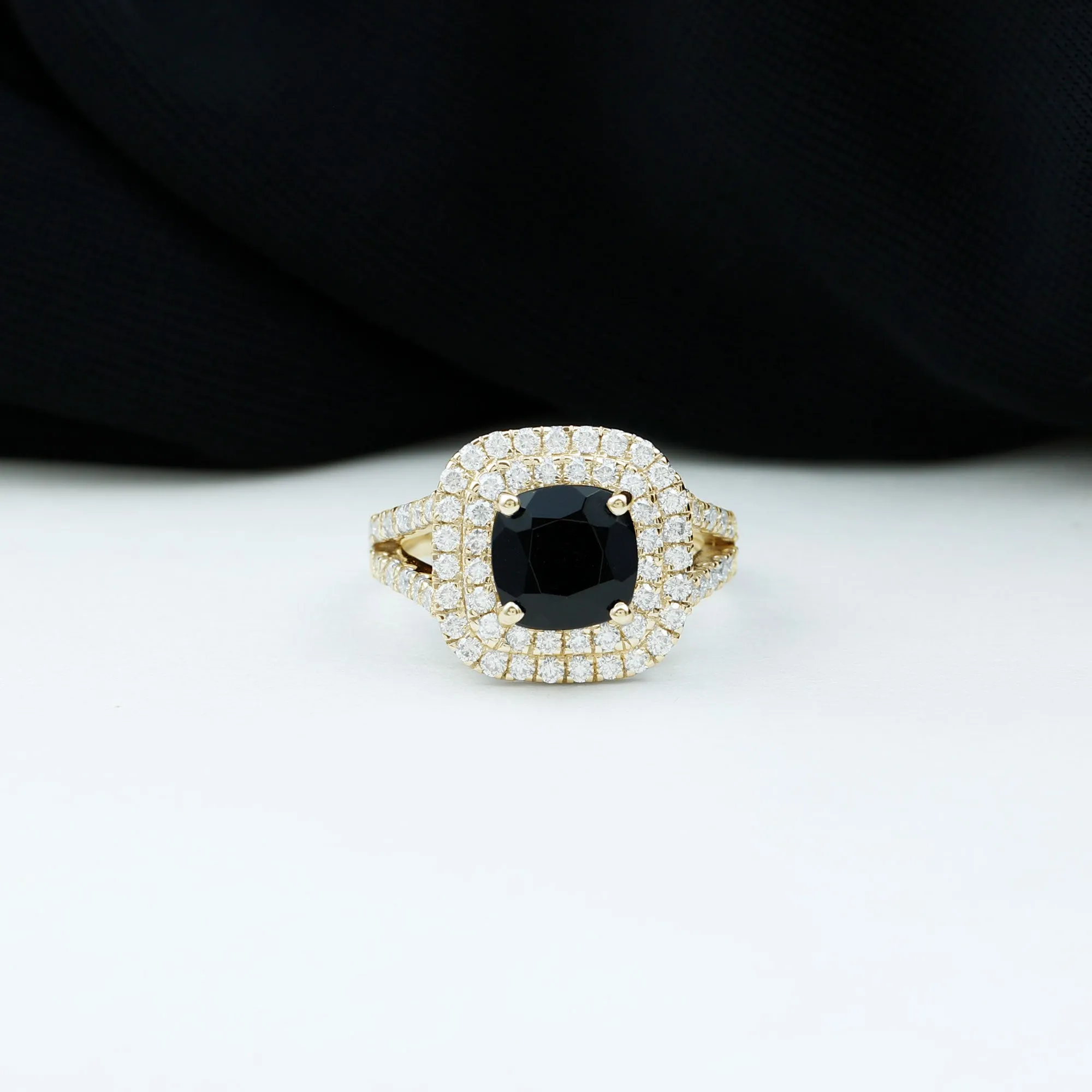 Cushion Black Onyx Vintage Inspired Halo Engagement Ring
