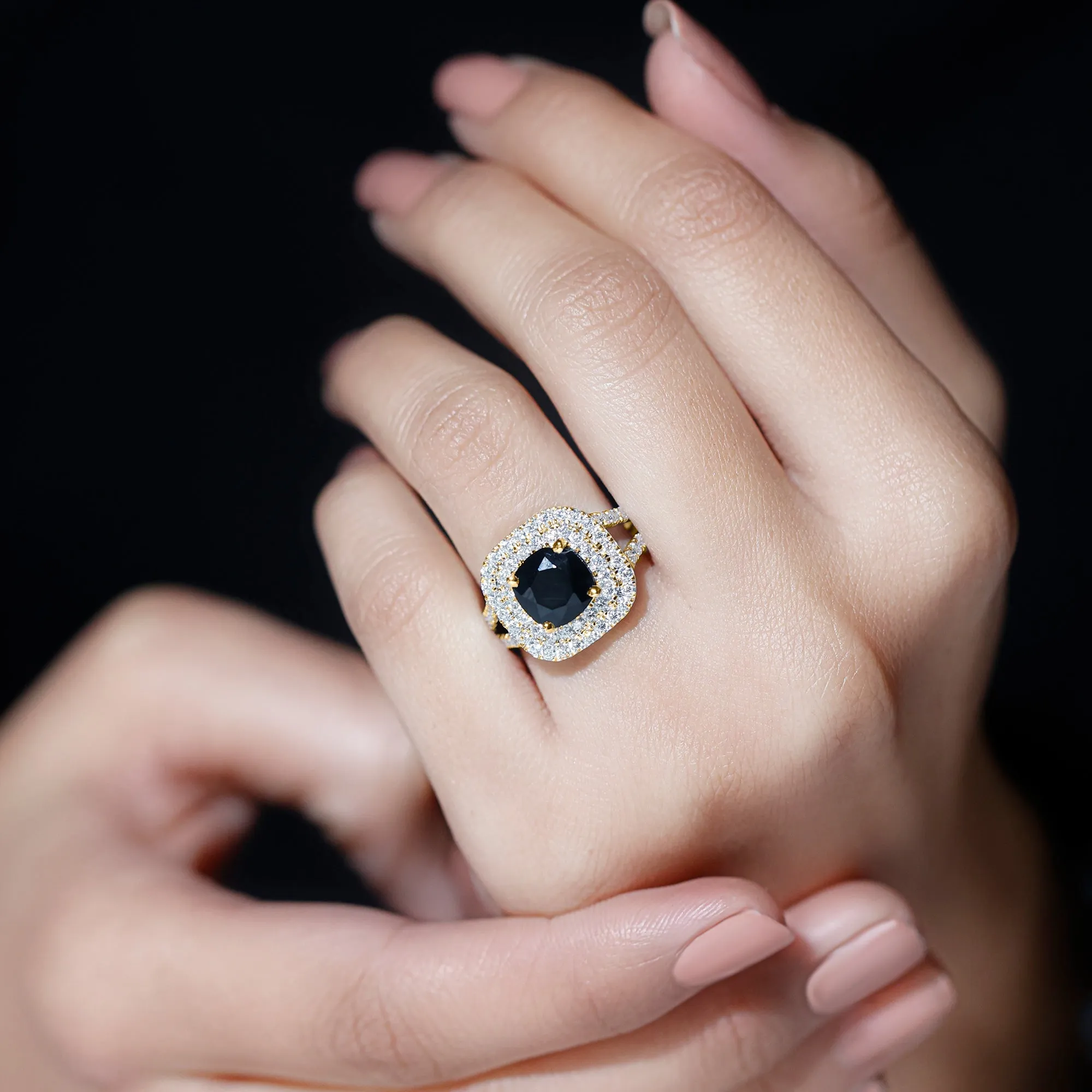Cushion Black Onyx Vintage Inspired Halo Engagement Ring