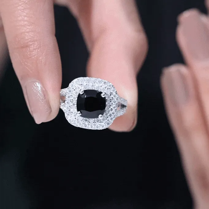 Cushion Black Onyx Vintage Inspired Halo Engagement Ring