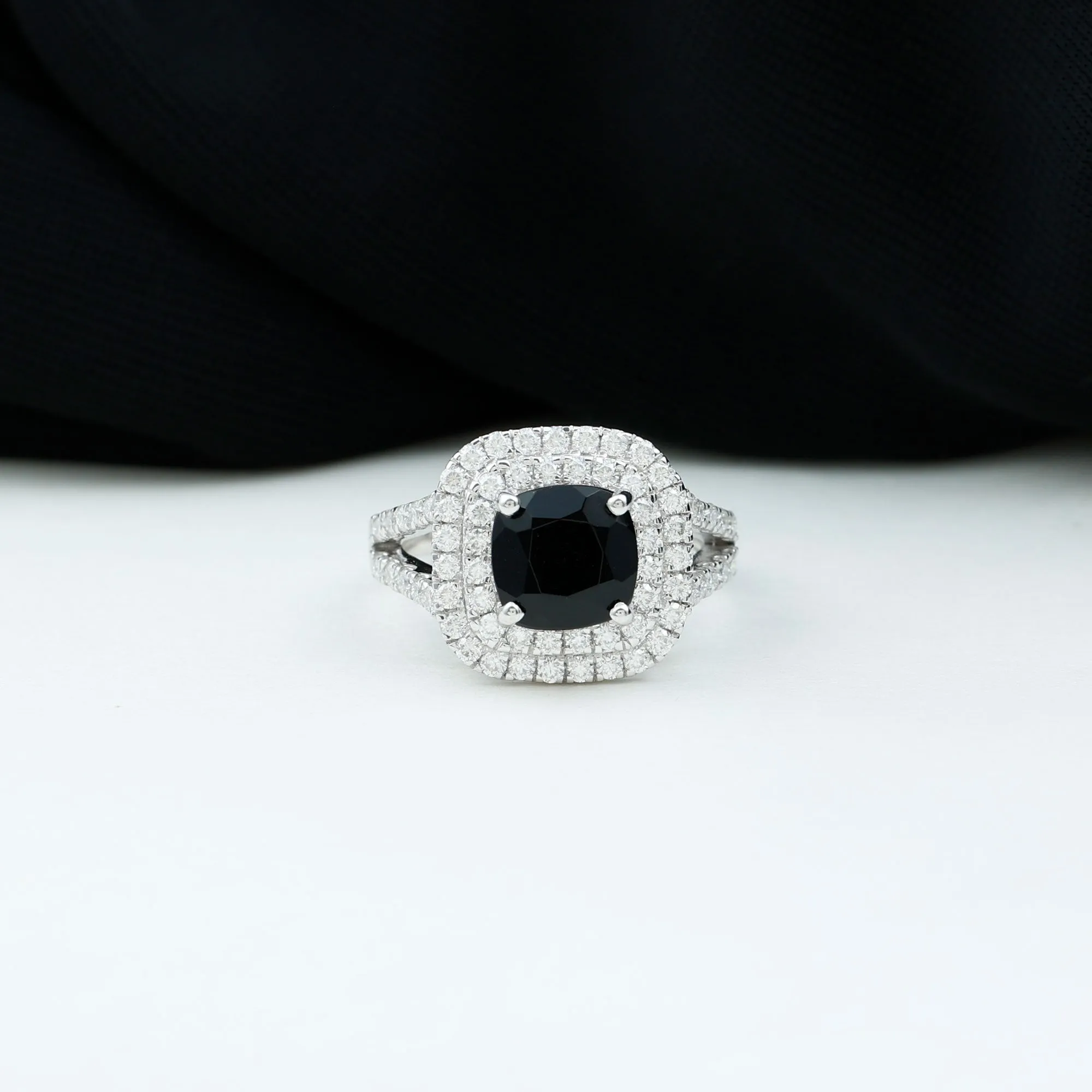 Cushion Black Onyx Vintage Inspired Halo Engagement Ring