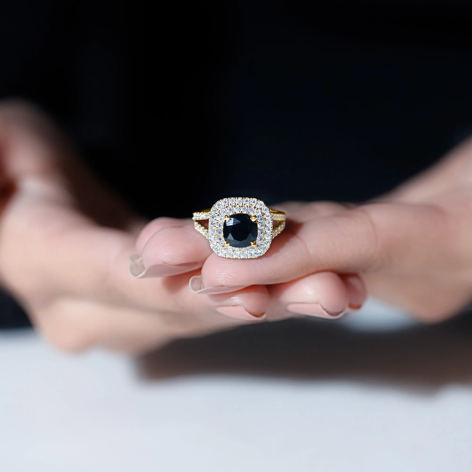 Cushion Black Onyx Vintage Inspired Halo Engagement Ring