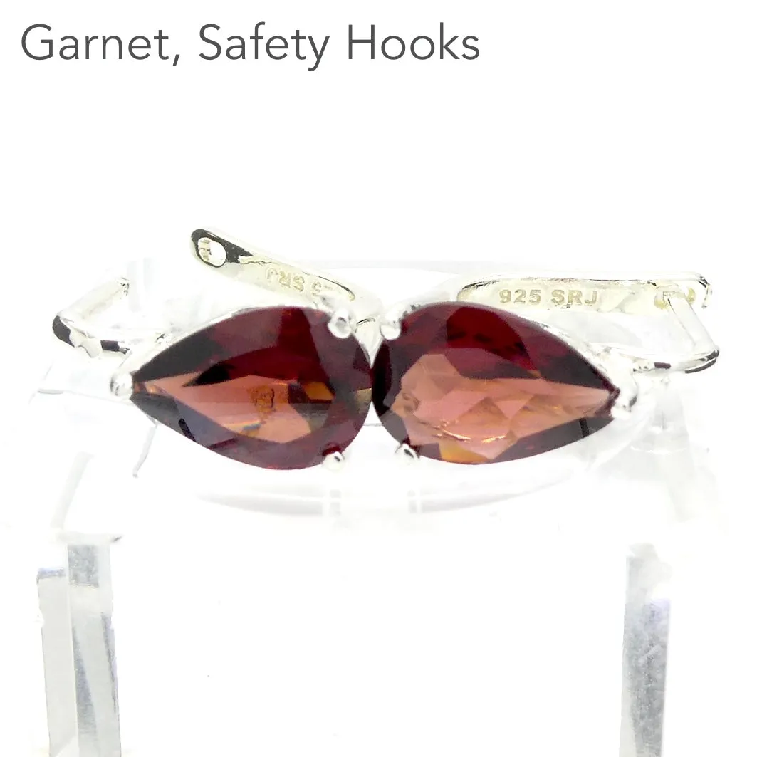 Garnet Earrings, Faceted Teardrops, Safe Hooks, 925 Silver, g1