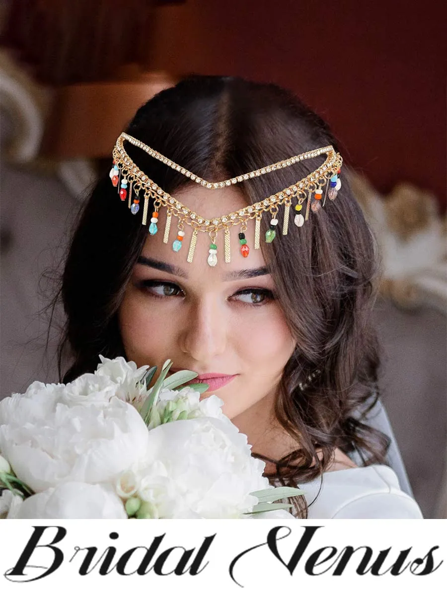 Gold Bridal Headband Goddess Tassel Rhinestone Bead Bridal Headpiece Wedding Hair Accessories