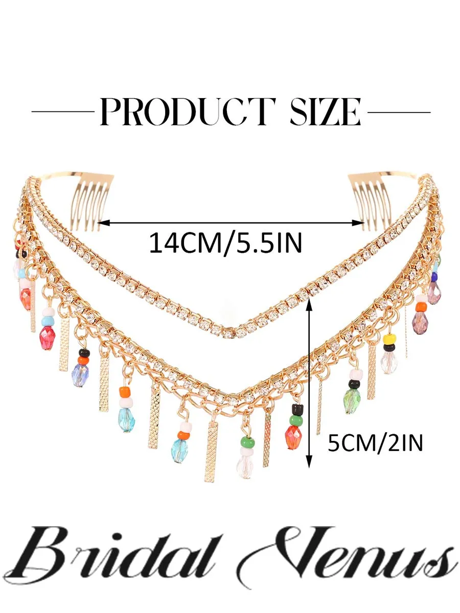 Gold Bridal Headband Goddess Tassel Rhinestone Bead Bridal Headpiece Wedding Hair Accessories
