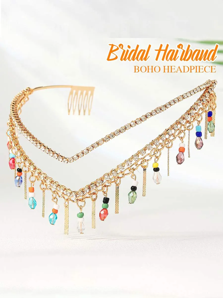 Gold Bridal Headband Goddess Tassel Rhinestone Bead Bridal Headpiece Wedding Hair Accessories