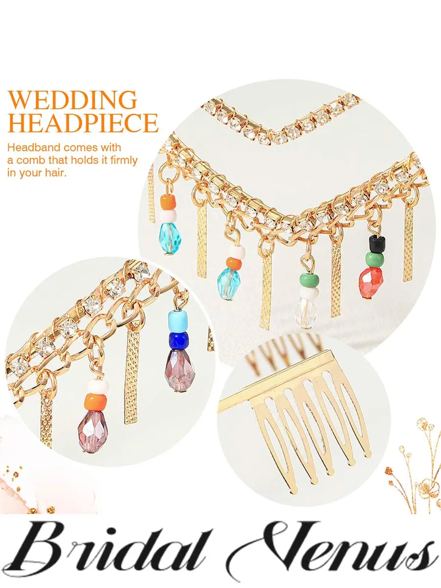 Gold Bridal Headband Goddess Tassel Rhinestone Bead Bridal Headpiece Wedding Hair Accessories