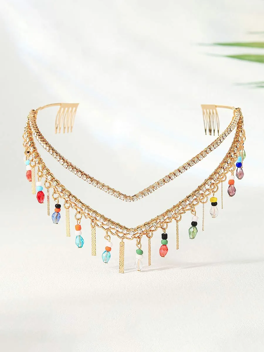 Gold Bridal Headband Goddess Tassel Rhinestone Bead Bridal Headpiece Wedding Hair Accessories