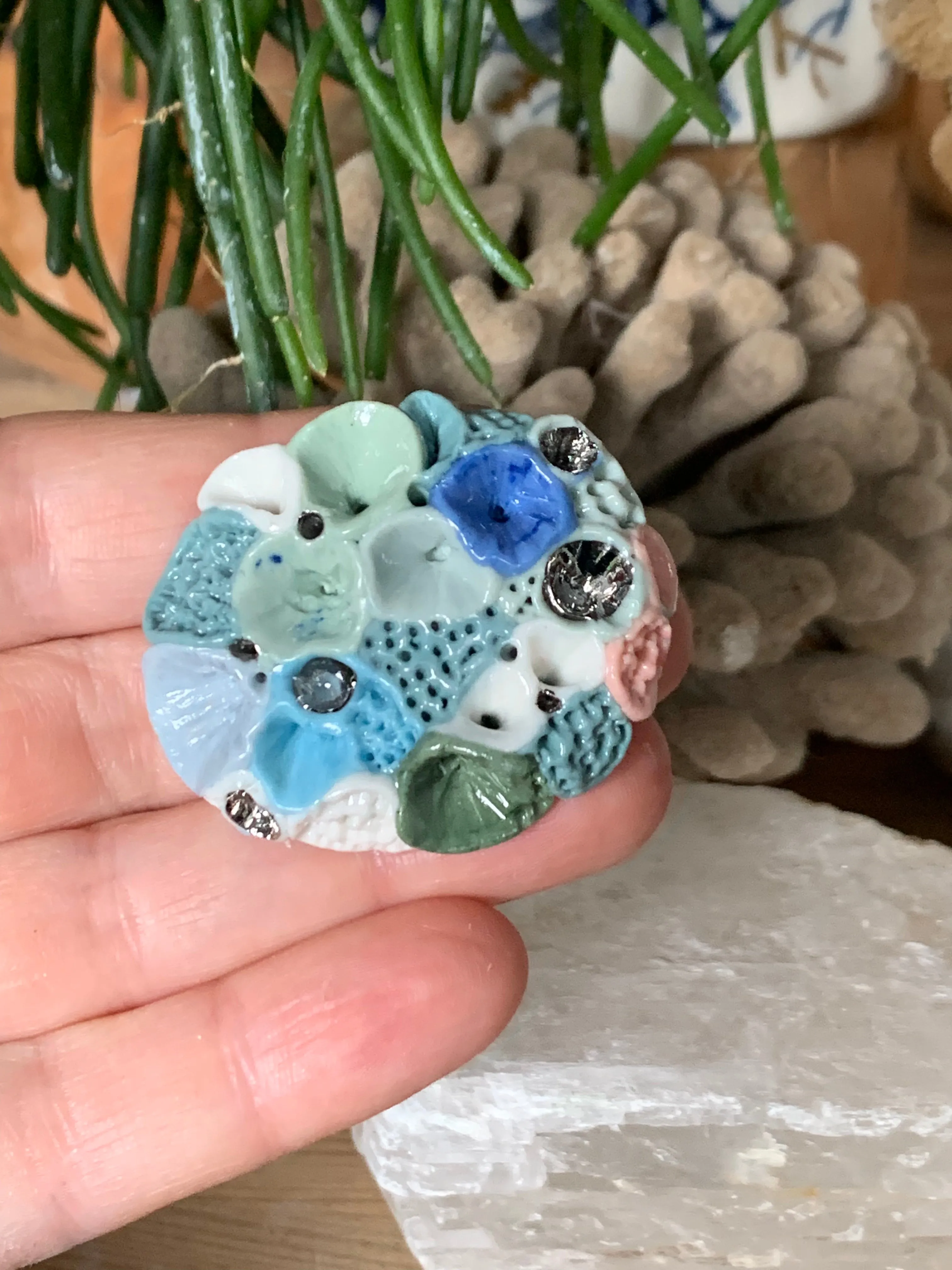 Green and lilac tones ‘Rock coral’ coloured porcelain brooch, choose one
