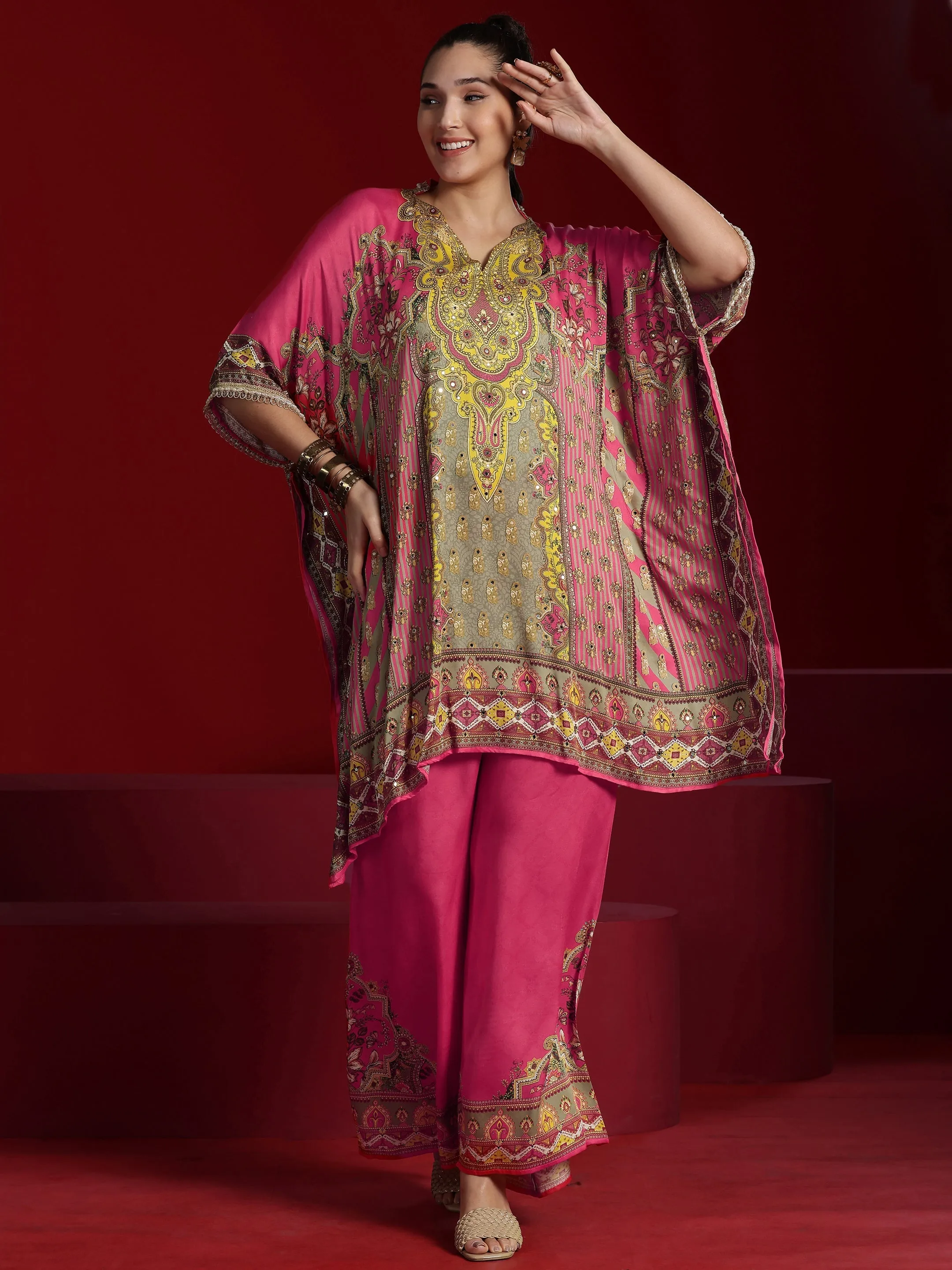Jashvi Art Coral Printed Silk Blend Kaftan Kurta With Palazzos