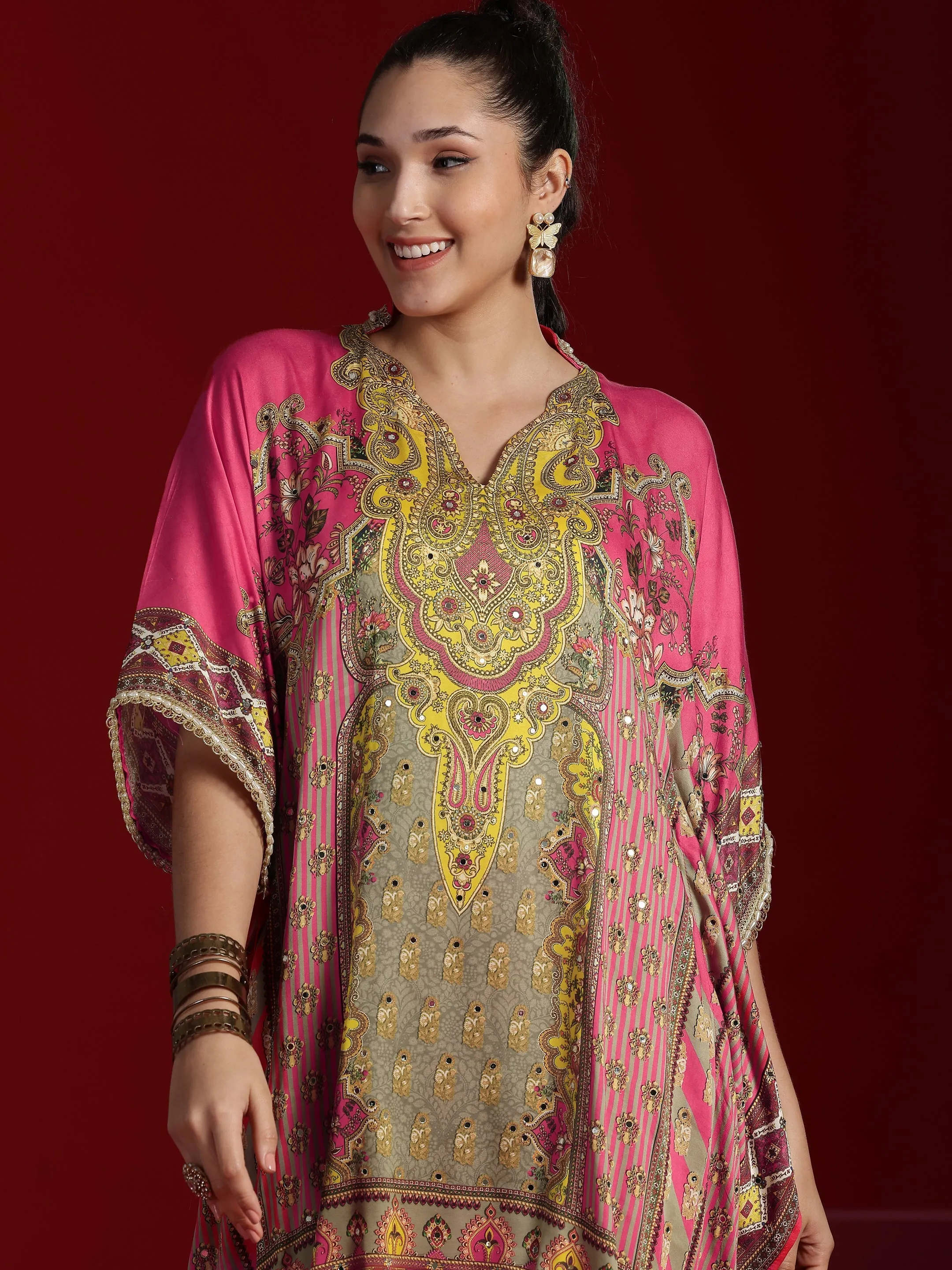 Jashvi Art Coral Printed Silk Blend Kaftan Kurta With Palazzos