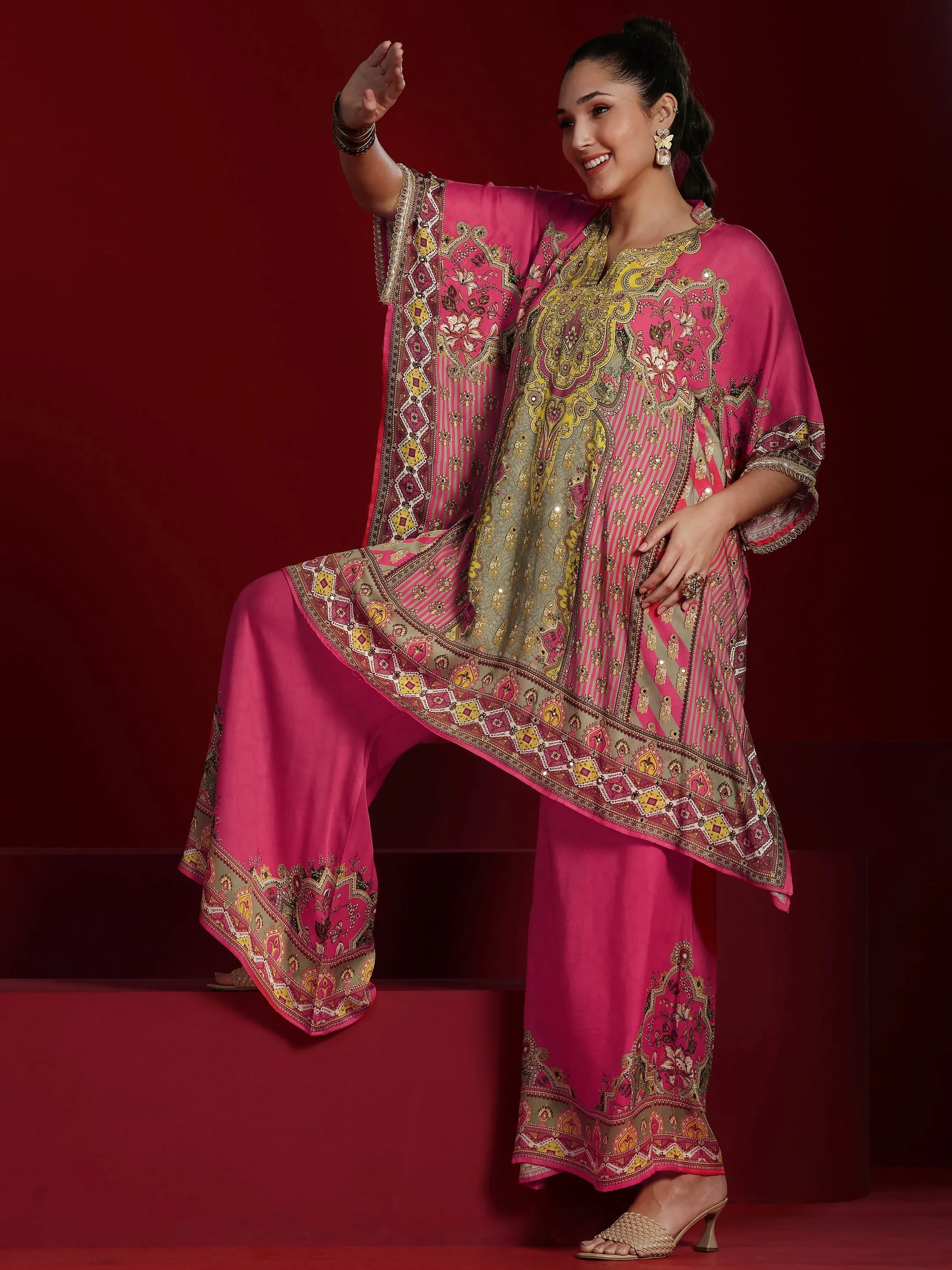 Jashvi Art Coral Printed Silk Blend Kaftan Kurta With Palazzos