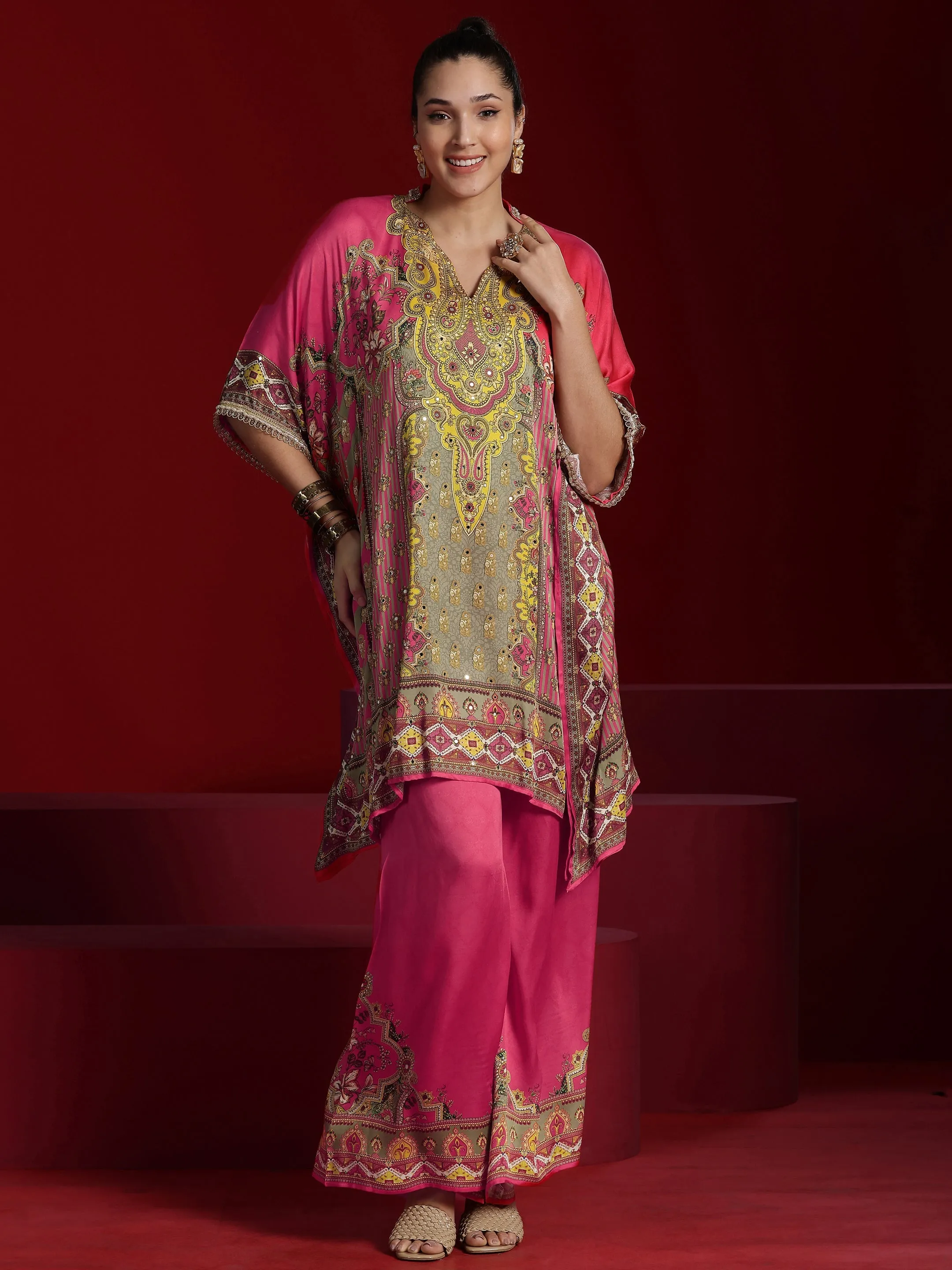 Jashvi Art Coral Printed Silk Blend Kaftan Kurta With Palazzos