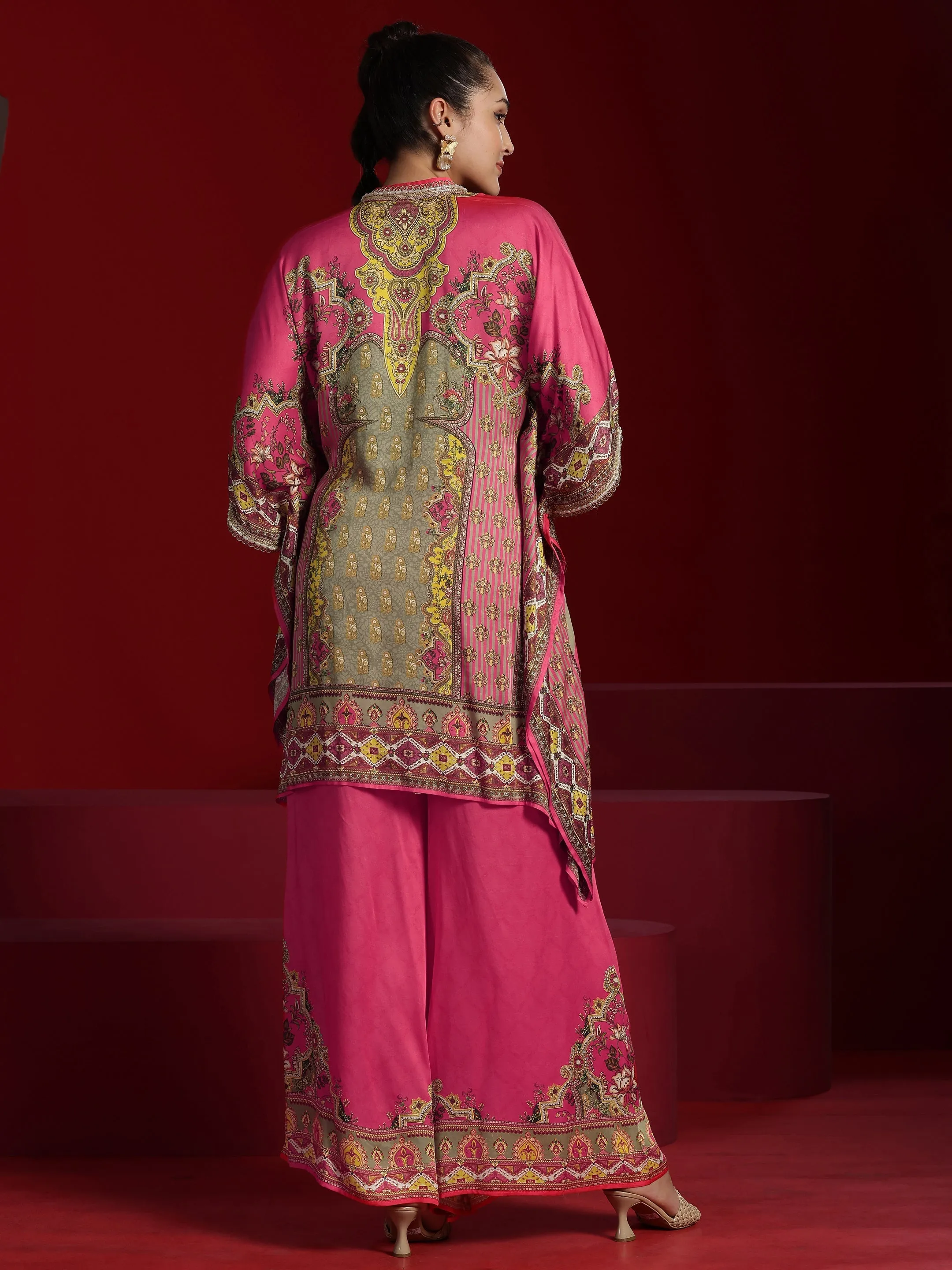 Jashvi Art Coral Printed Silk Blend Kaftan Kurta With Palazzos
