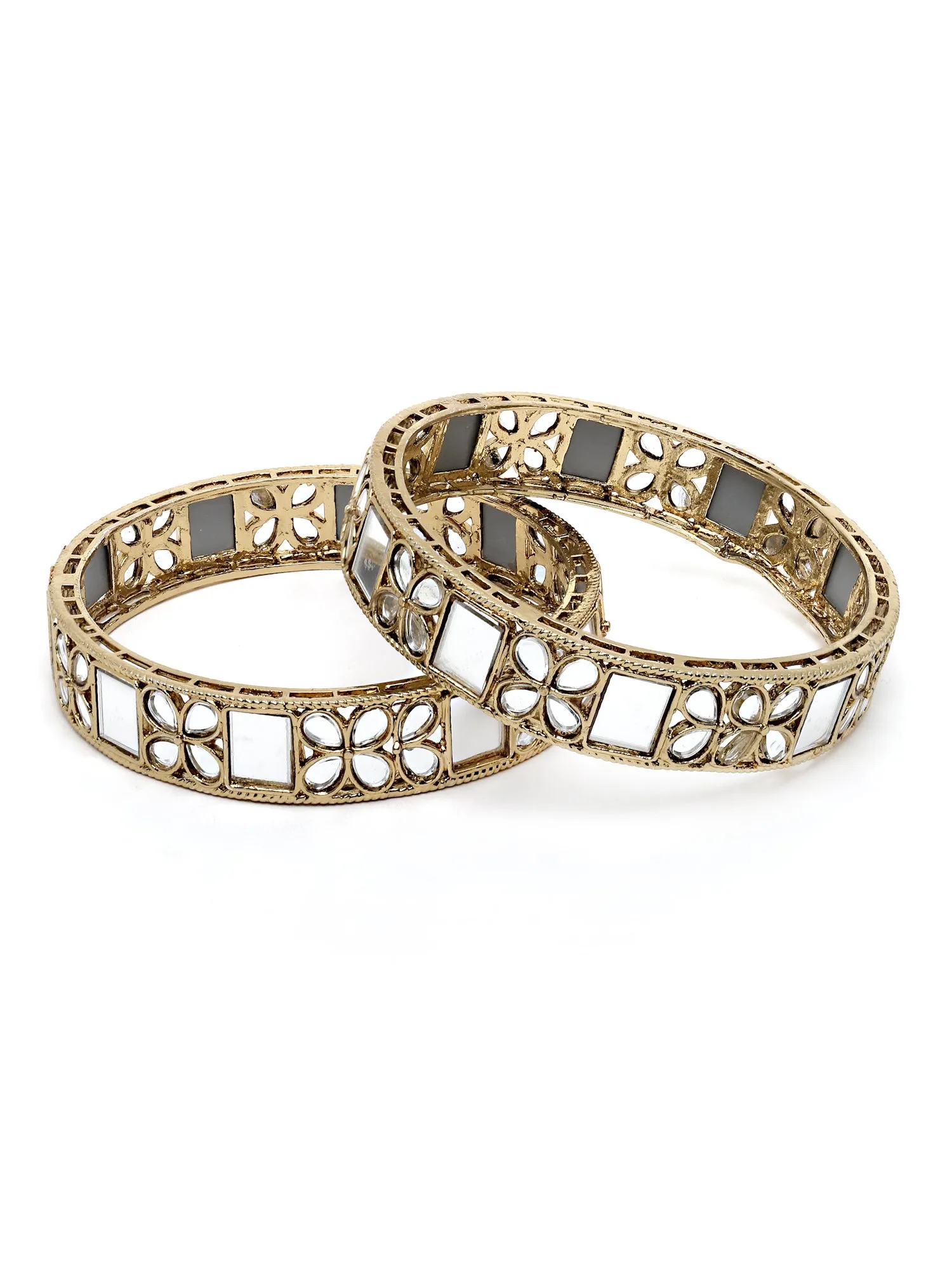 Karatcart Antique Gold Plated Floral Mirror Work Kundan Bangle Set for Women