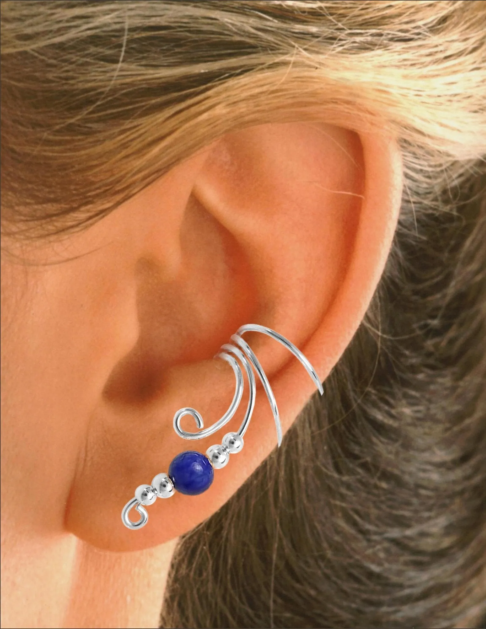 Lapis GemBall on Long Swirl Wave Curly Wave Ear Cuff