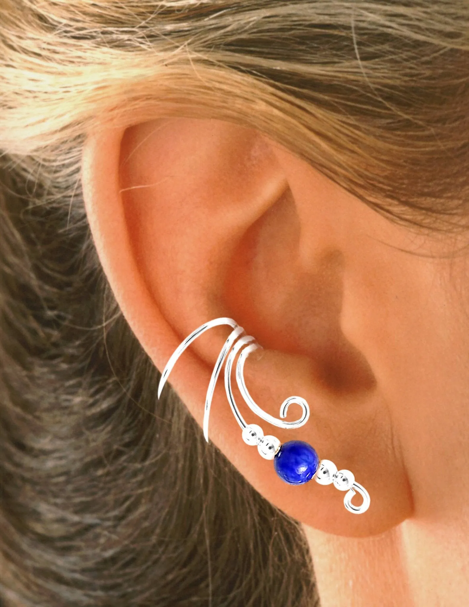 Lapis GemBall on Long Swirl Wave Curly Wave Ear Cuff