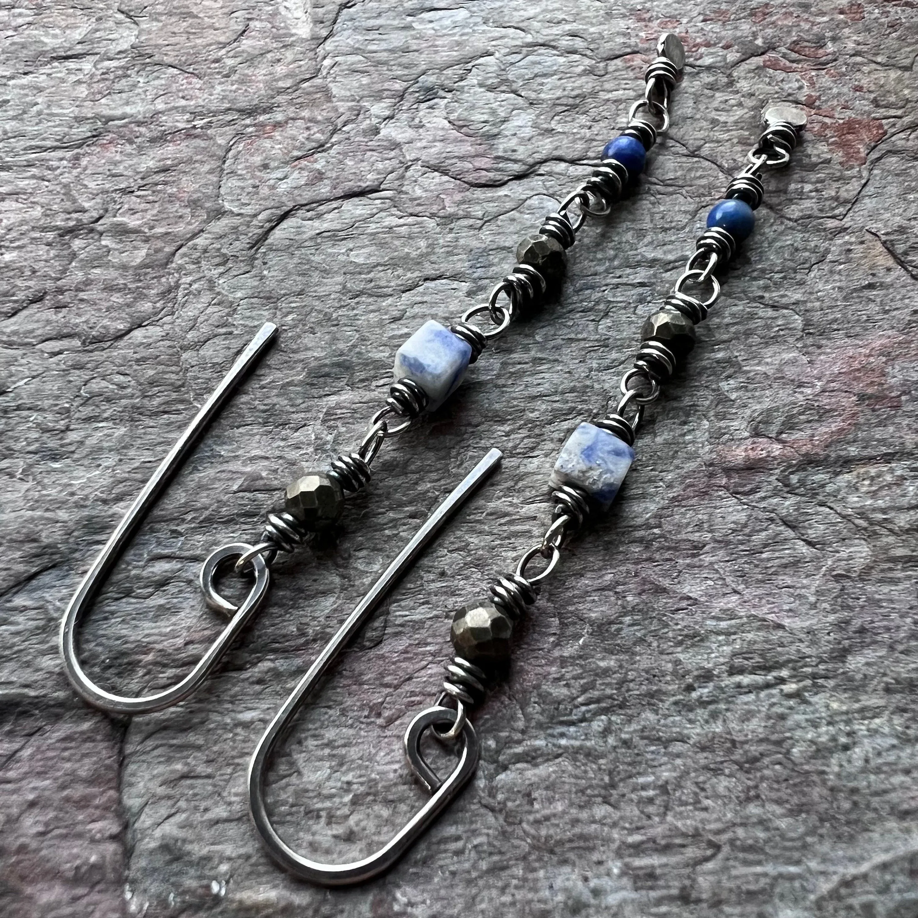 Lapis Lazuli and Pyrite Sterling Silver Earrings - Genuine Lapis Lazuli and Pyrite on Handformed Sterling Silver Earwires