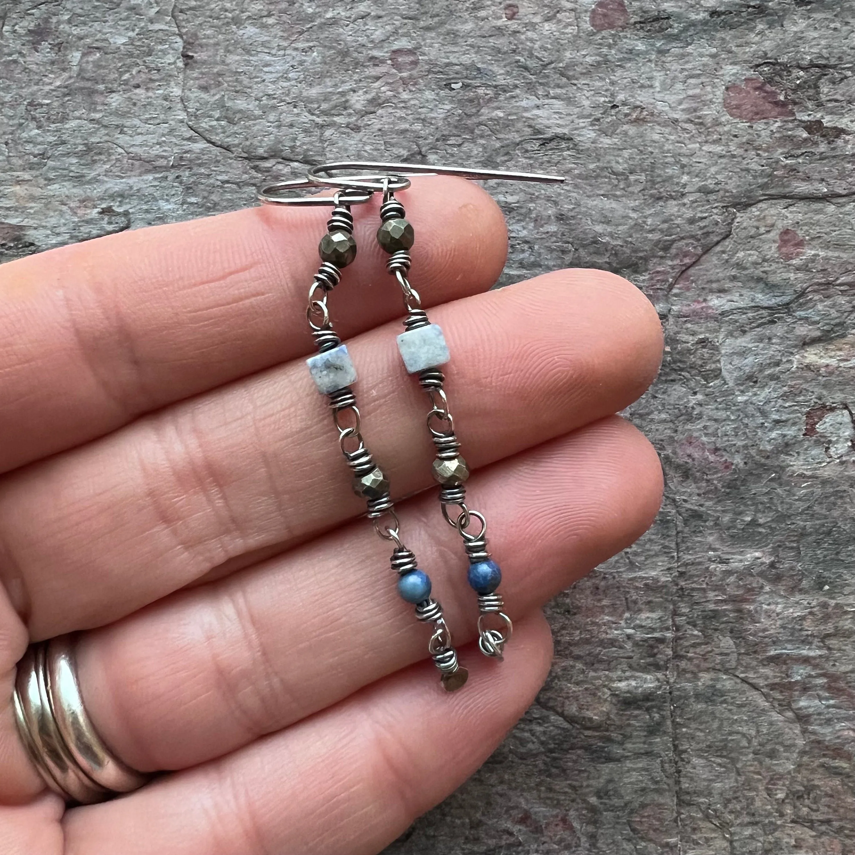Lapis Lazuli and Pyrite Sterling Silver Earrings - Genuine Lapis Lazuli and Pyrite on Handformed Sterling Silver Earwires