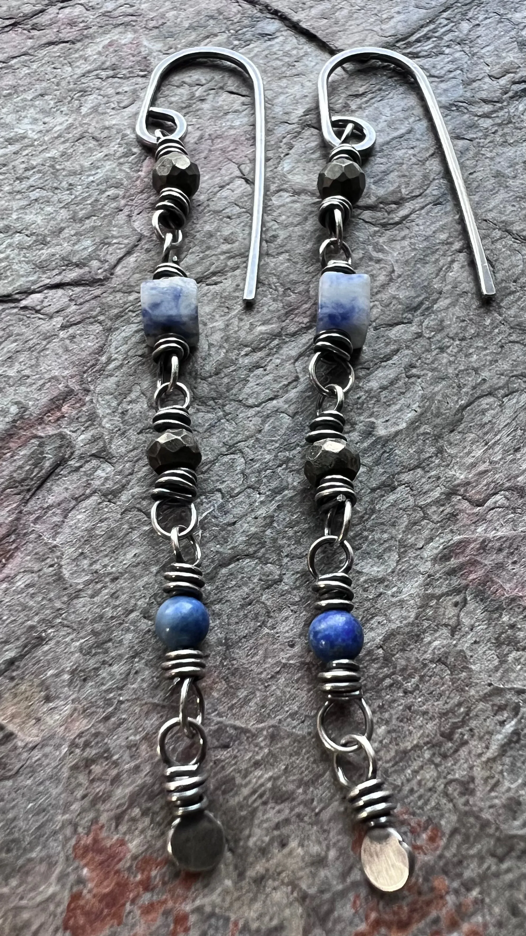 Lapis Lazuli and Pyrite Sterling Silver Earrings - Genuine Lapis Lazuli and Pyrite on Handformed Sterling Silver Earwires
