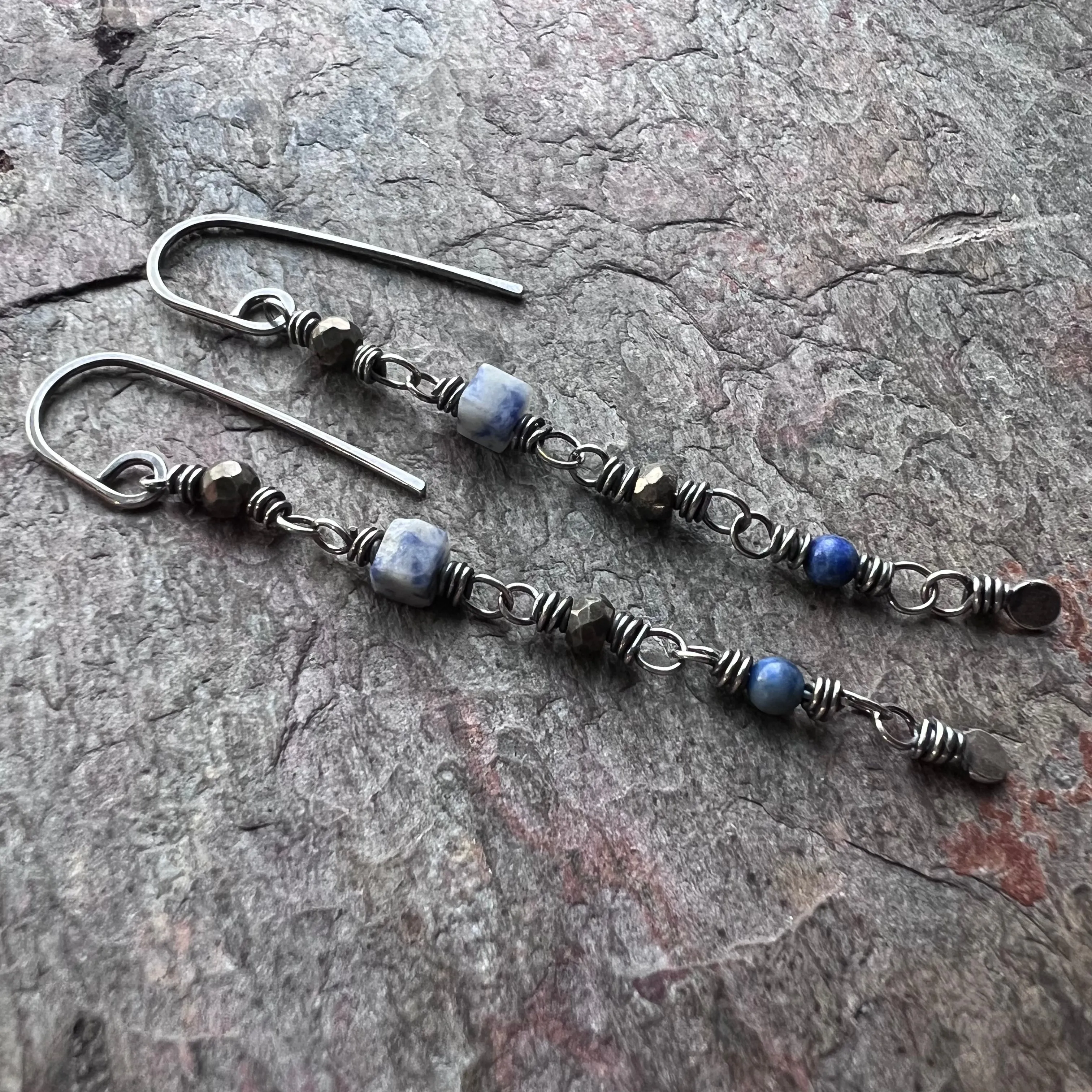 Lapis Lazuli and Pyrite Sterling Silver Earrings - Genuine Lapis Lazuli and Pyrite on Handformed Sterling Silver Earwires
