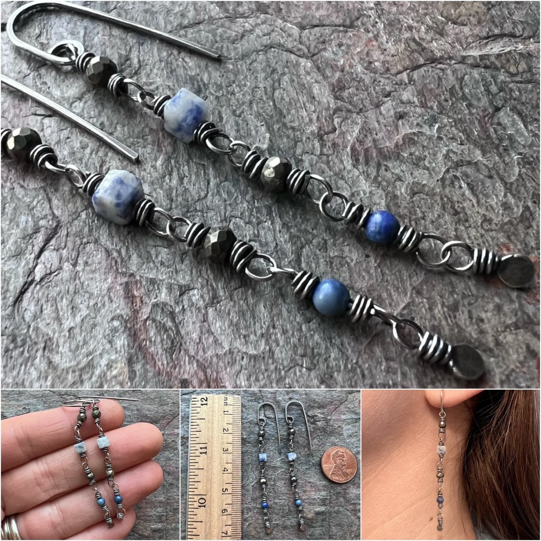 Lapis Lazuli and Pyrite Sterling Silver Earrings - Genuine Lapis Lazuli and Pyrite on Handformed Sterling Silver Earwires