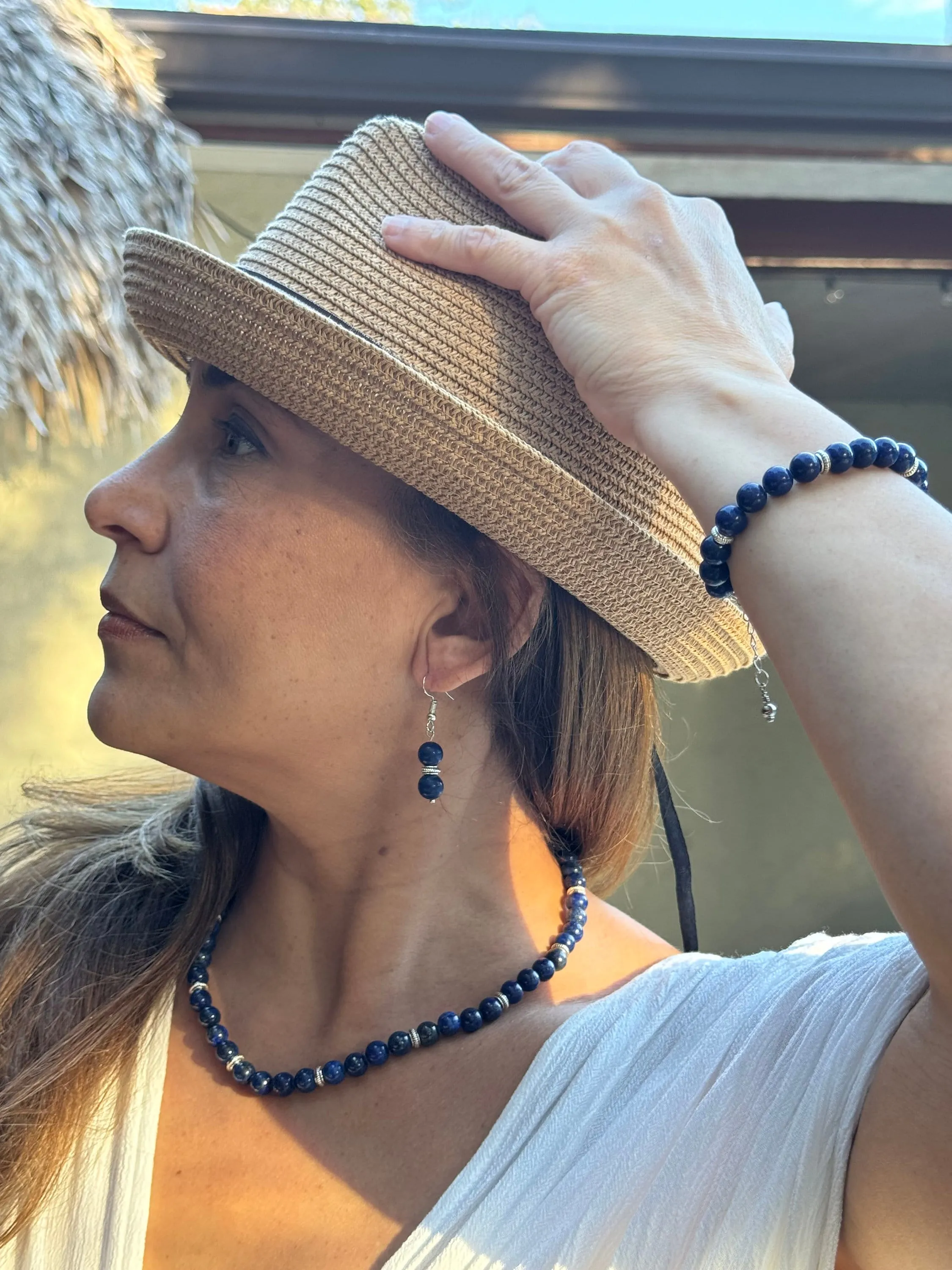 Lapis Lazuli beads Beaded Necklace, Earrings and Bracelet.