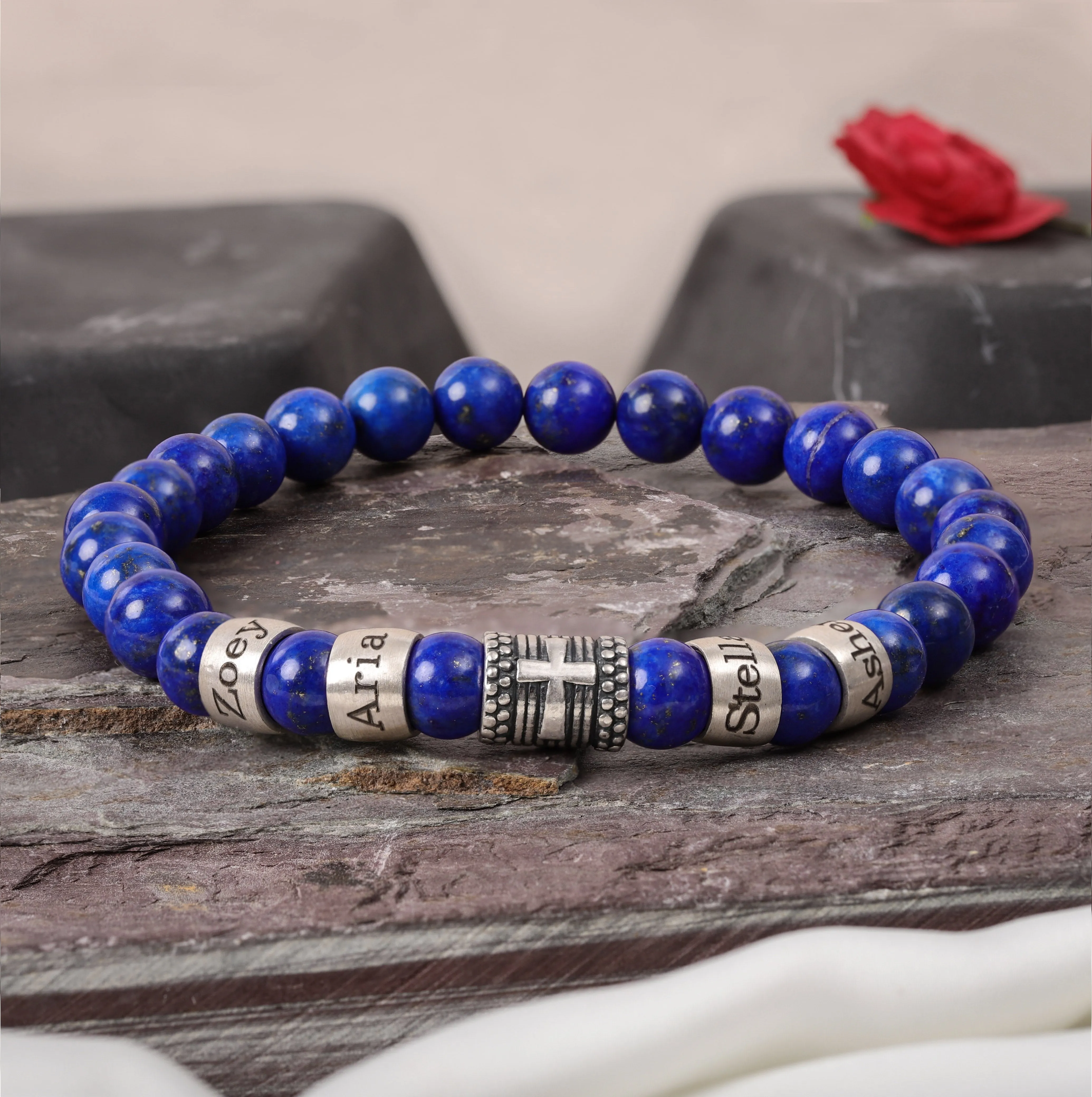 Lapis Lazuli Bracelet with Custom Names and Cross