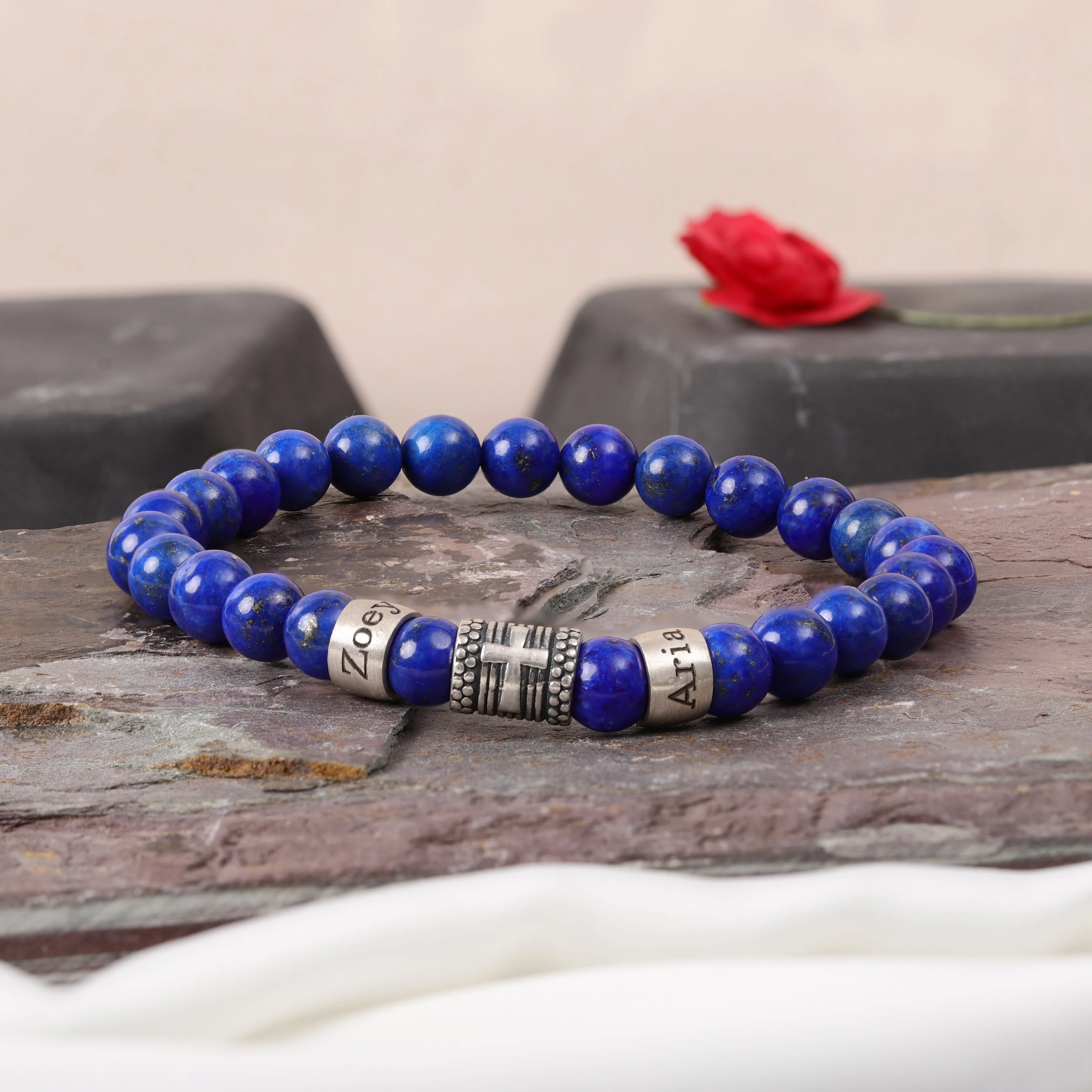 Lapis Lazuli Bracelet with Custom Names and Cross