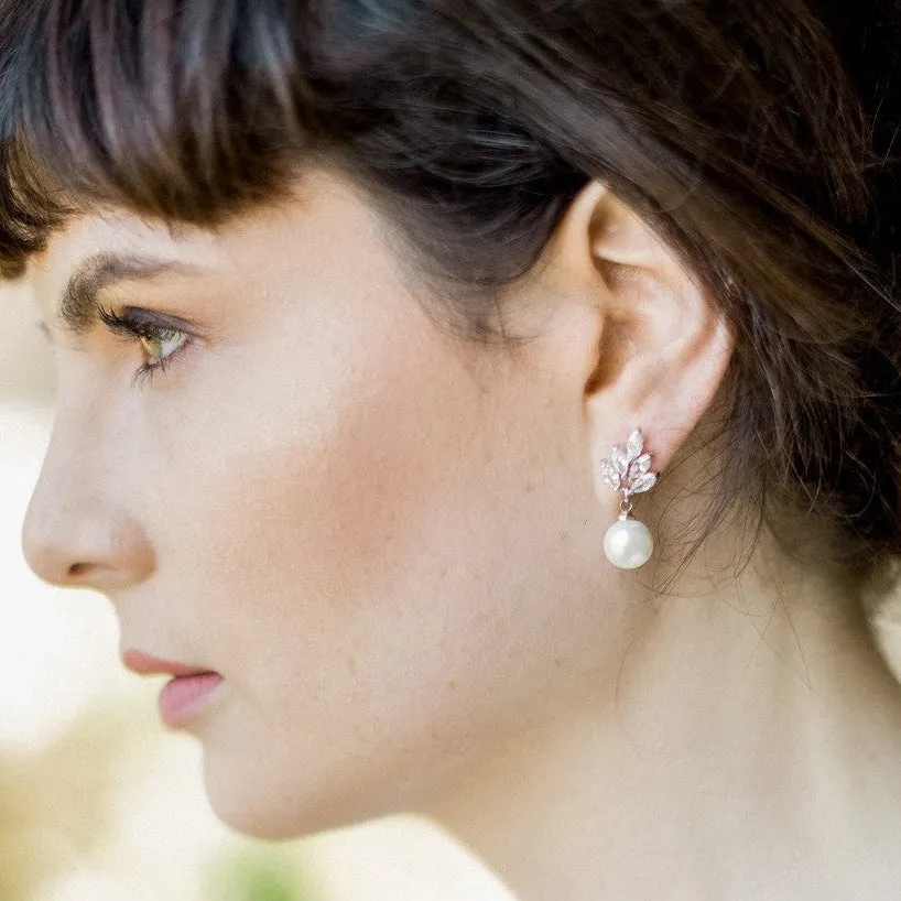 Leaf, Gold Sparkling Pearl Drop Earrings