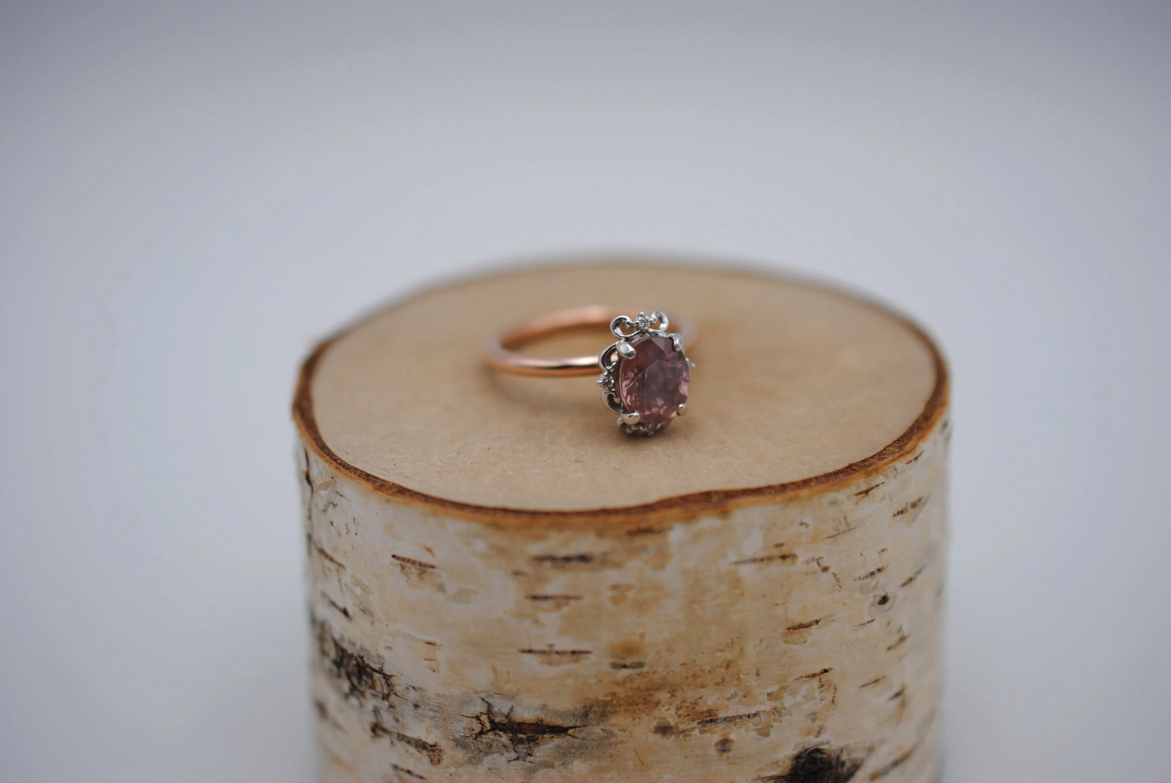 Malaia Garnet Ring: Oval Cut, Rose Gold Fill Band, White Gold Vintage Diamond Setting