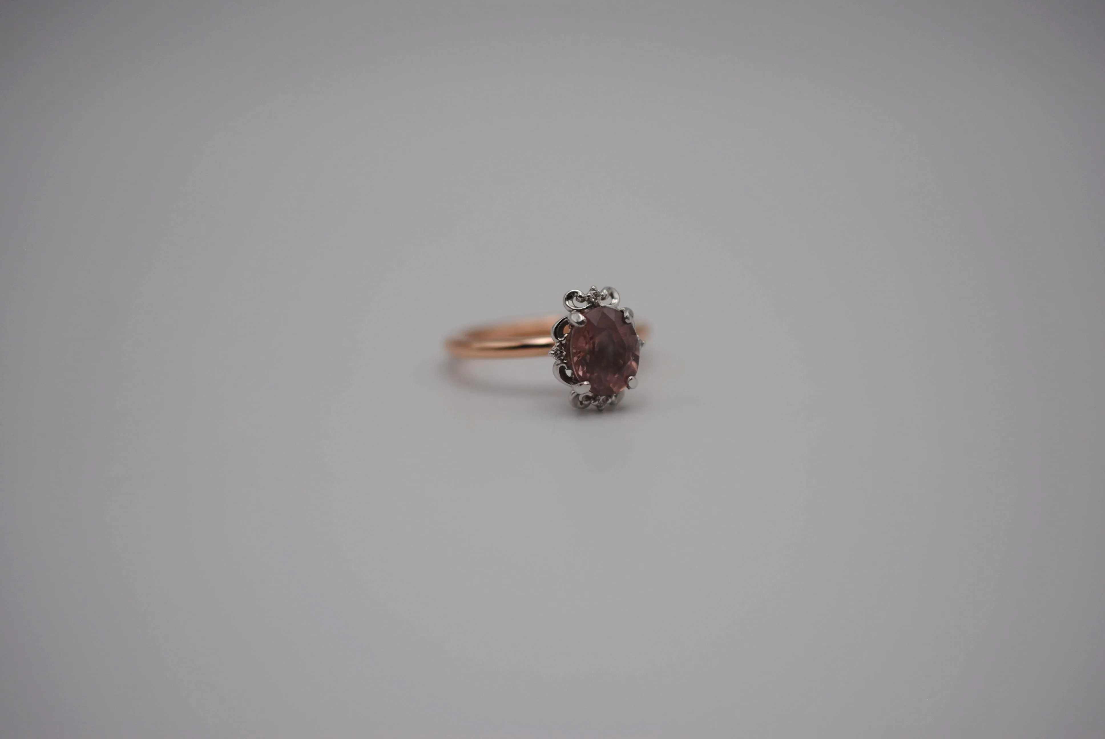 Malaia Garnet Ring: Oval Cut, Rose Gold Fill Band, White Gold Vintage Diamond Setting