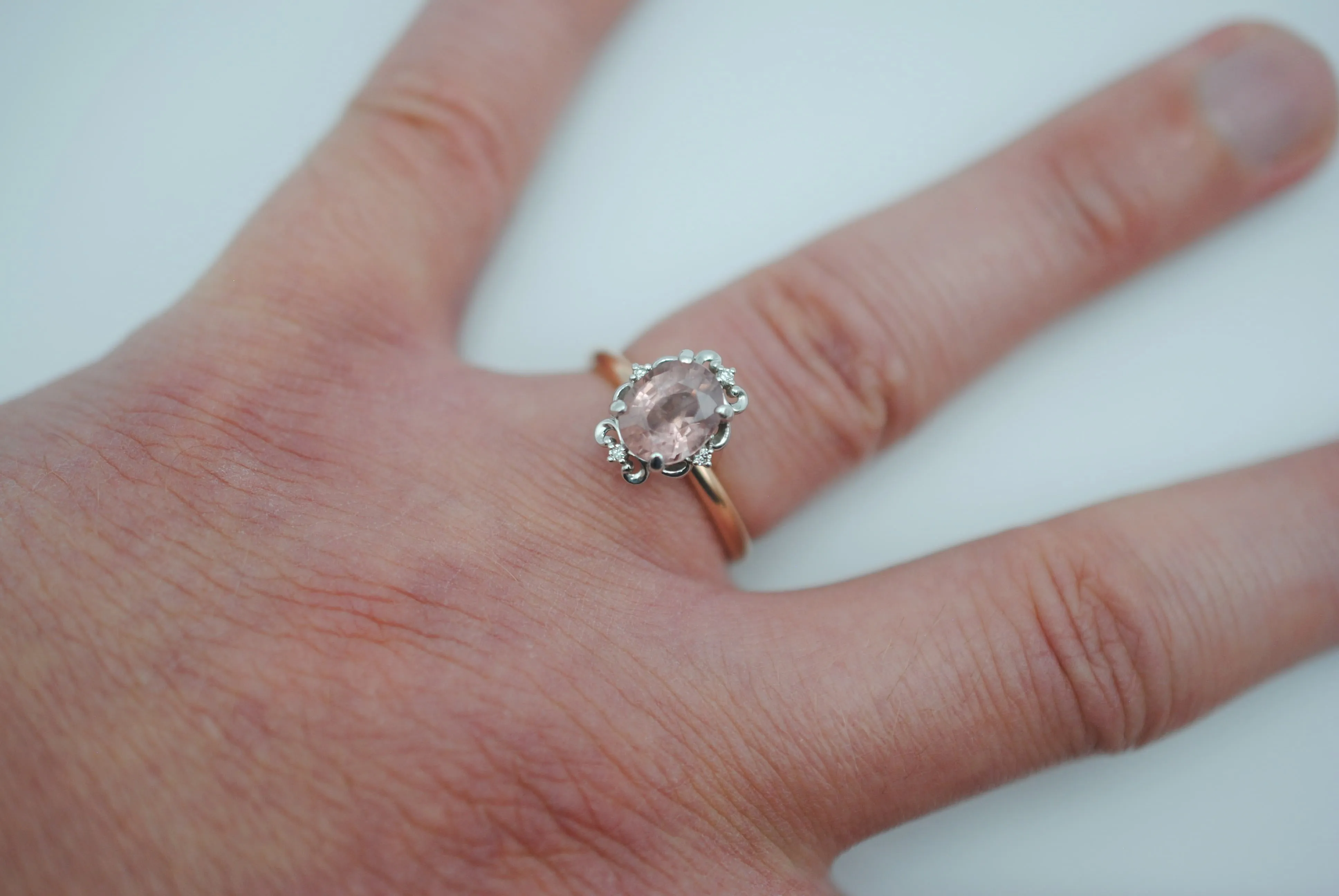 Malaia Garnet Ring: Oval Cut, Rose Gold Fill Band, White Gold Vintage Diamond Setting