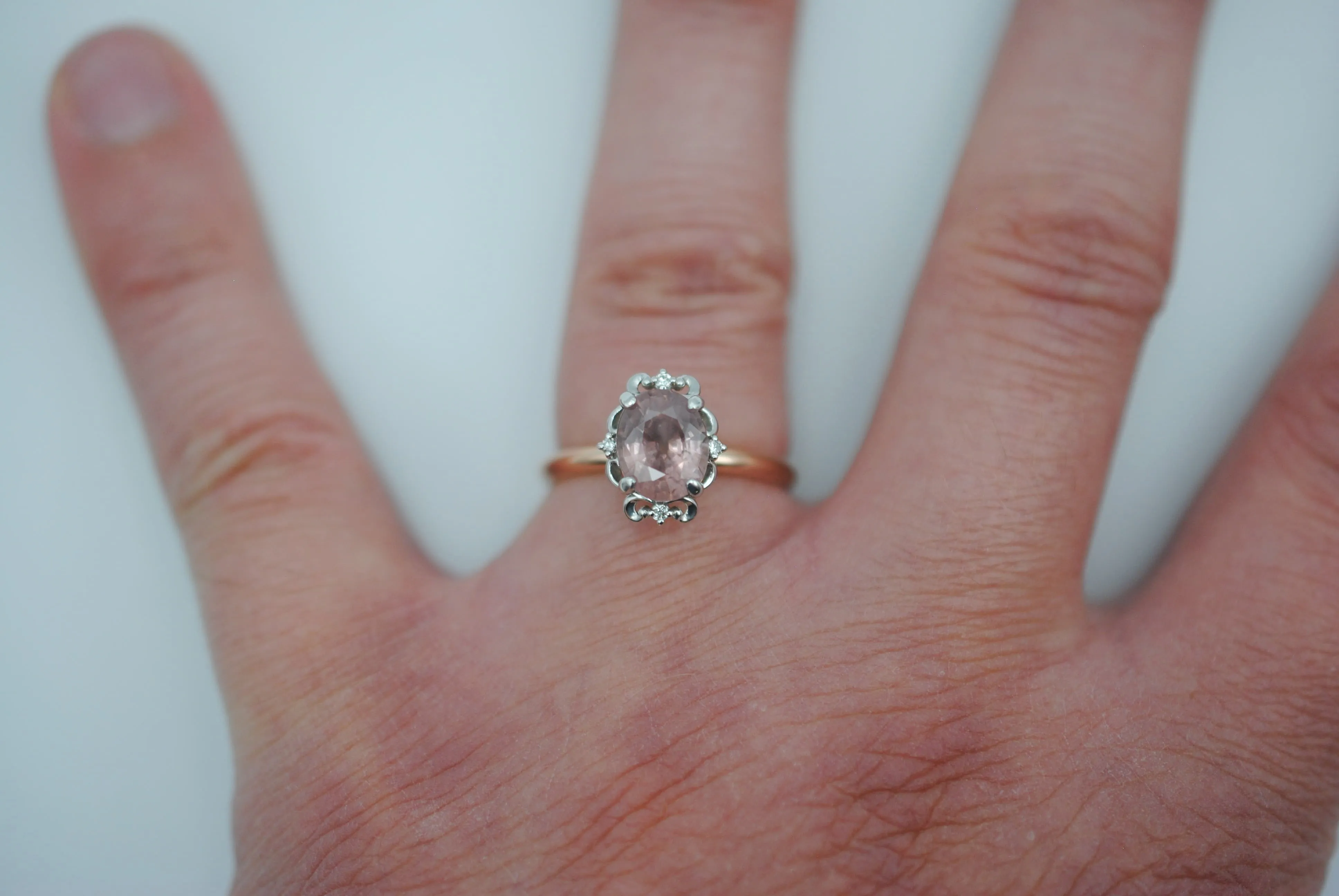Malaia Garnet Ring: Oval Cut, Rose Gold Fill Band, White Gold Vintage Diamond Setting