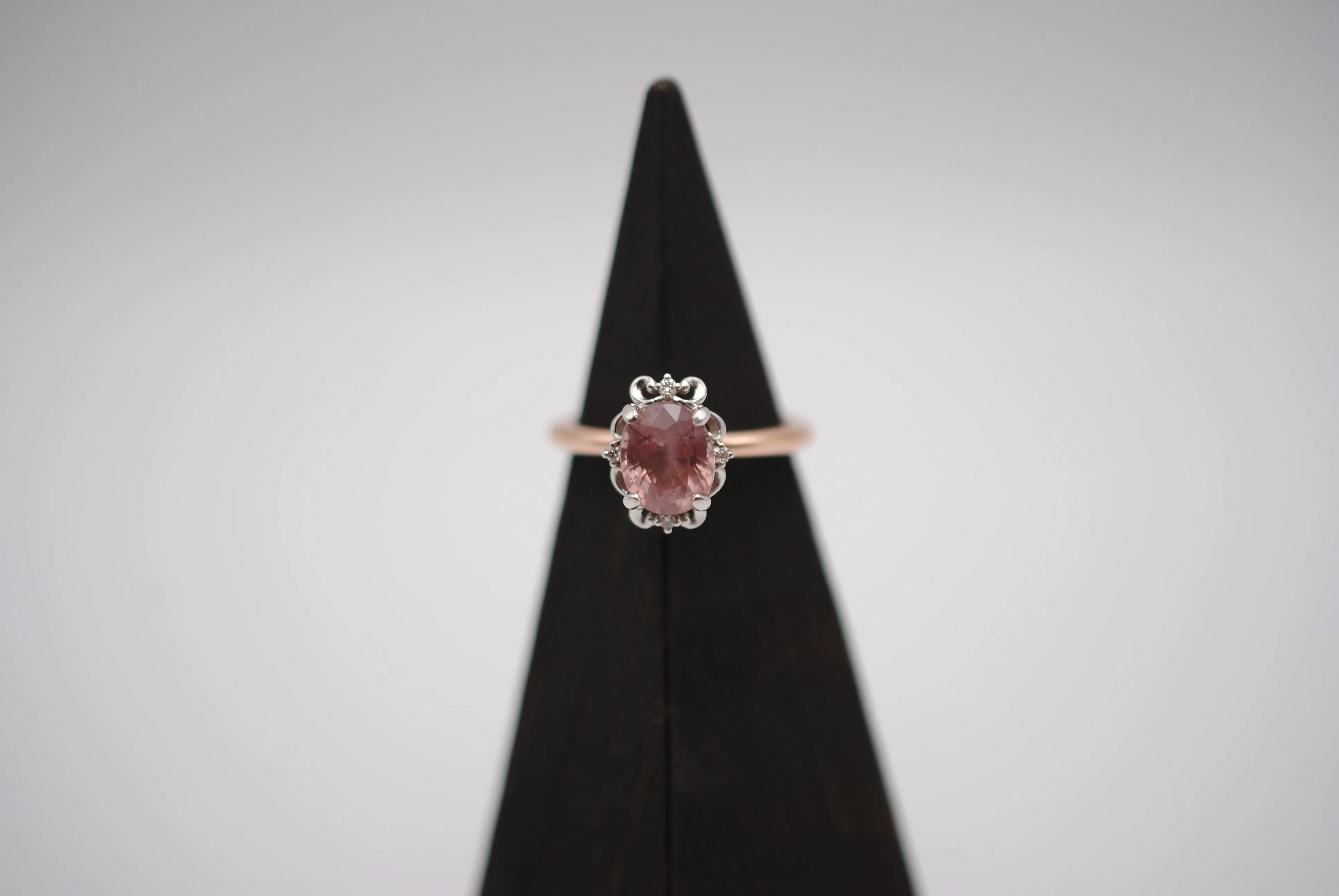 Malaia Garnet Ring: Oval Cut, Rose Gold Fill Band, White Gold Vintage Diamond Setting