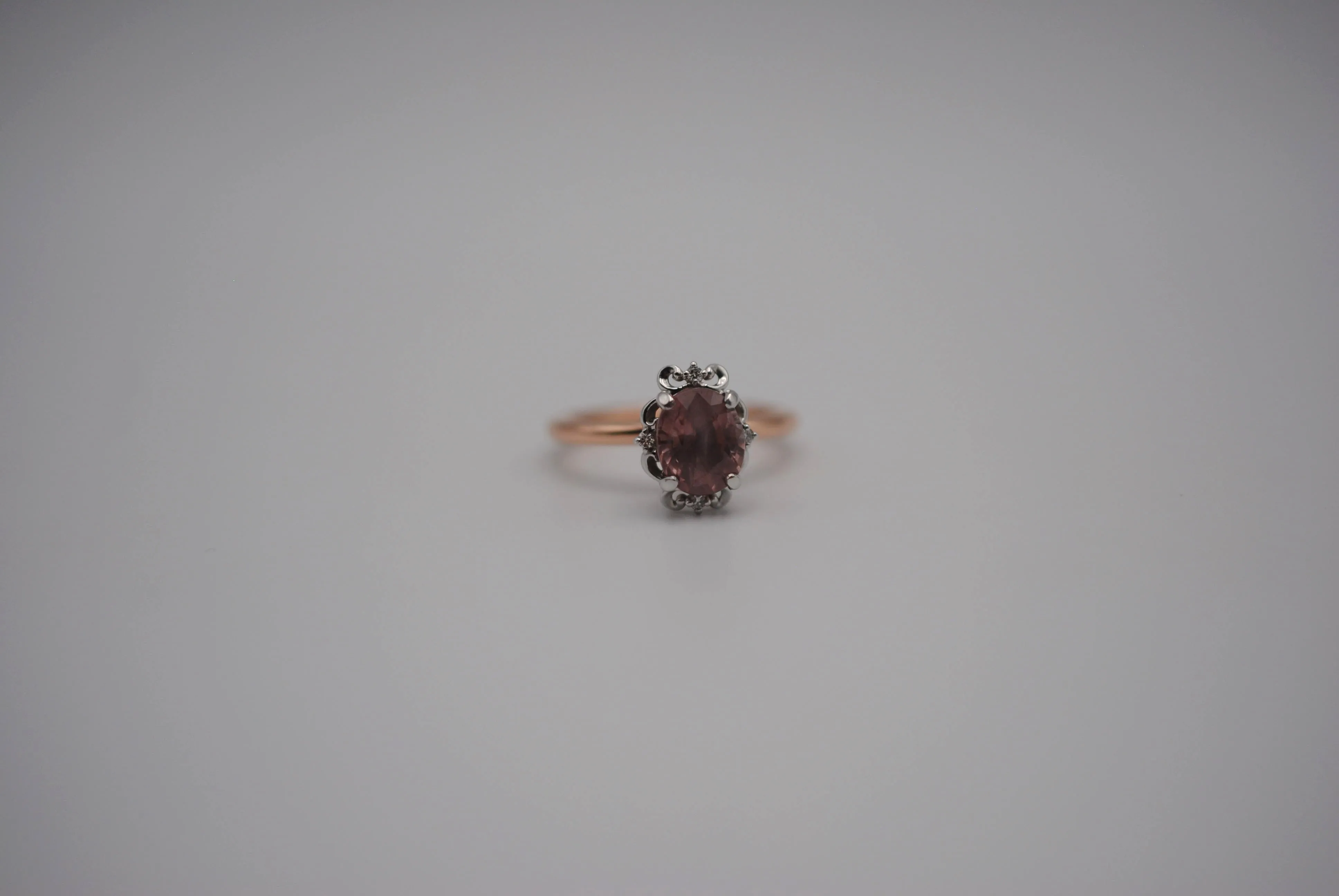 Malaia Garnet Ring: Oval Cut, Rose Gold Fill Band, White Gold Vintage Diamond Setting