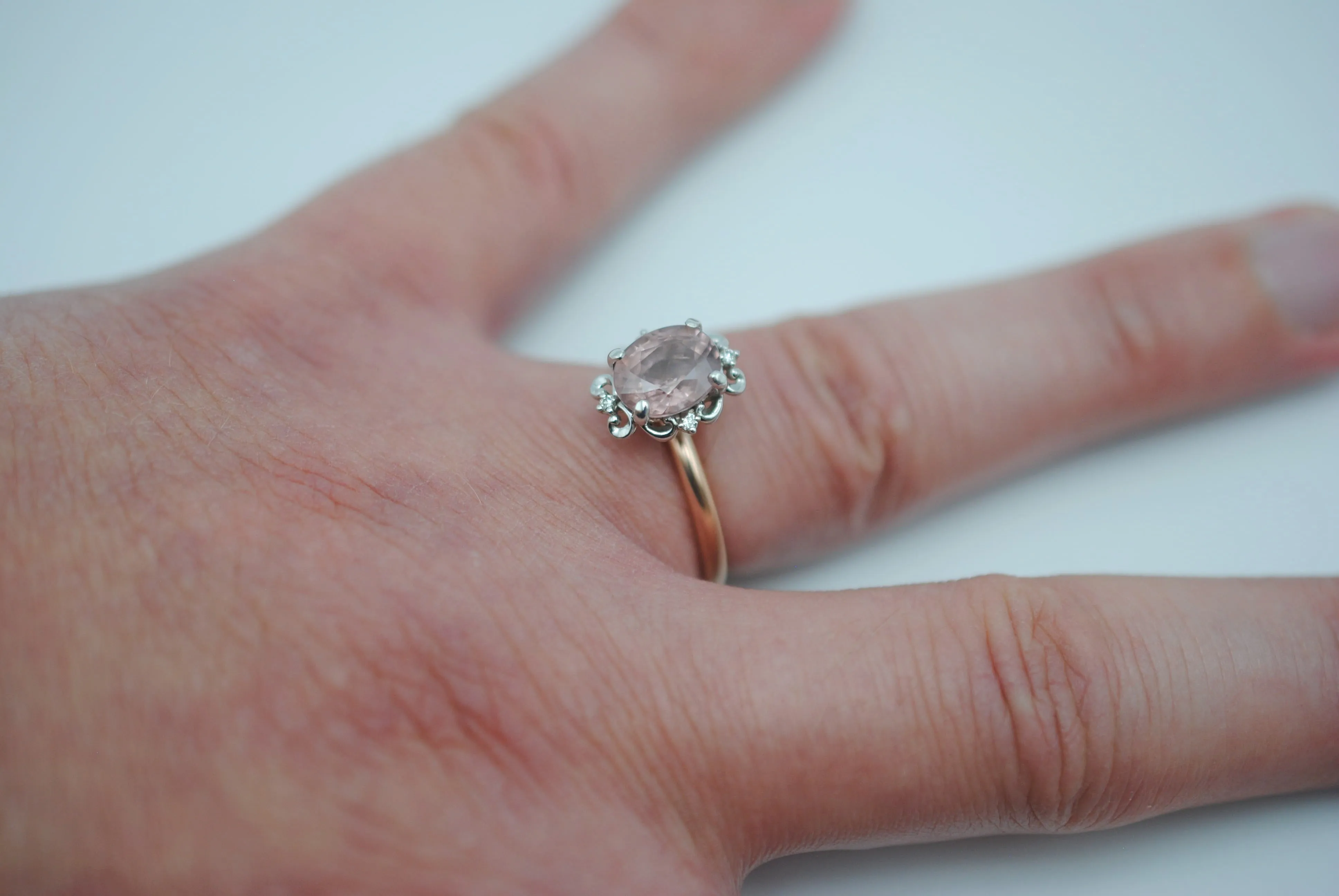 Malaia Garnet Ring: Oval Cut, Rose Gold Fill Band, White Gold Vintage Diamond Setting