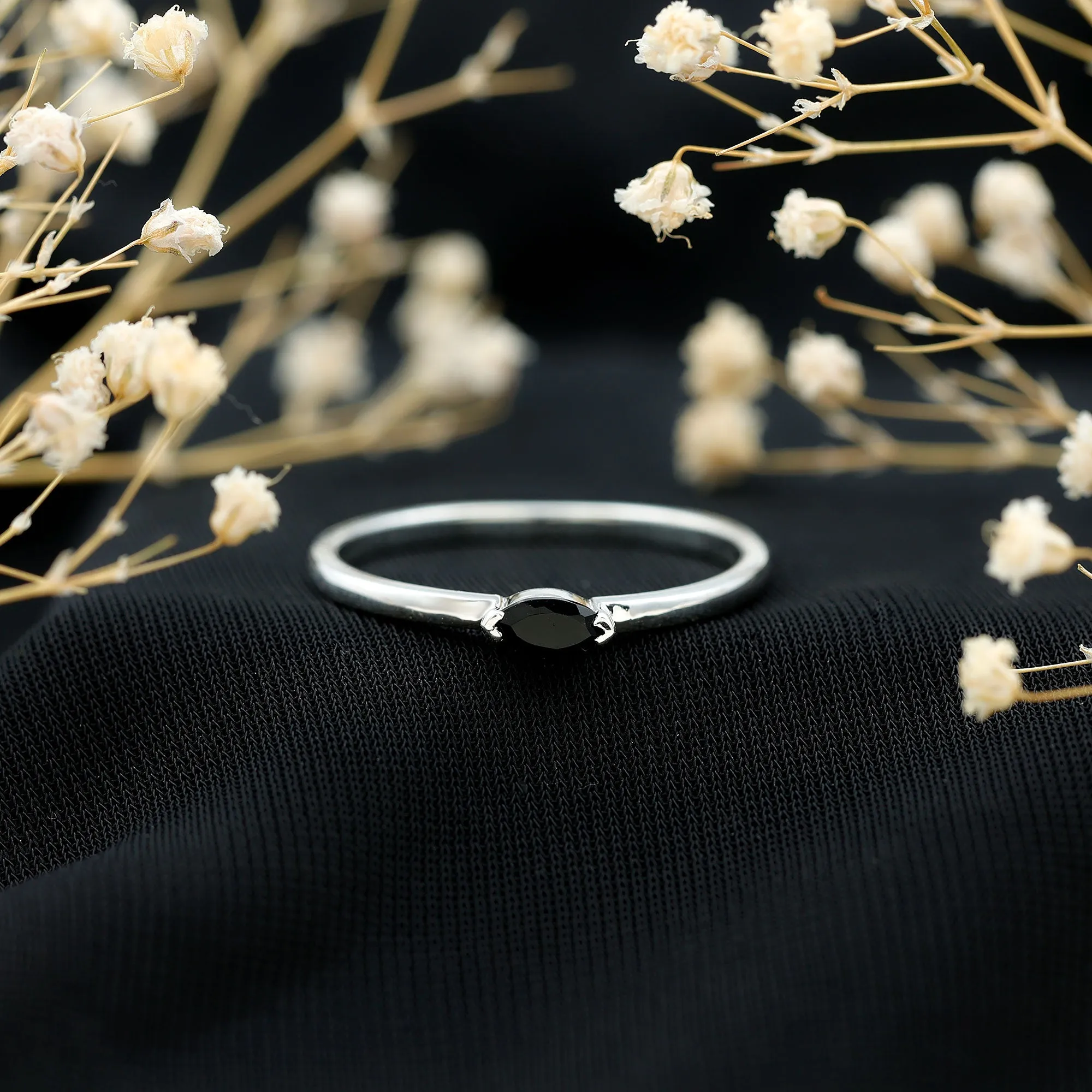 Marquise Cut Solitaire Black Onyx East West Promise Ring