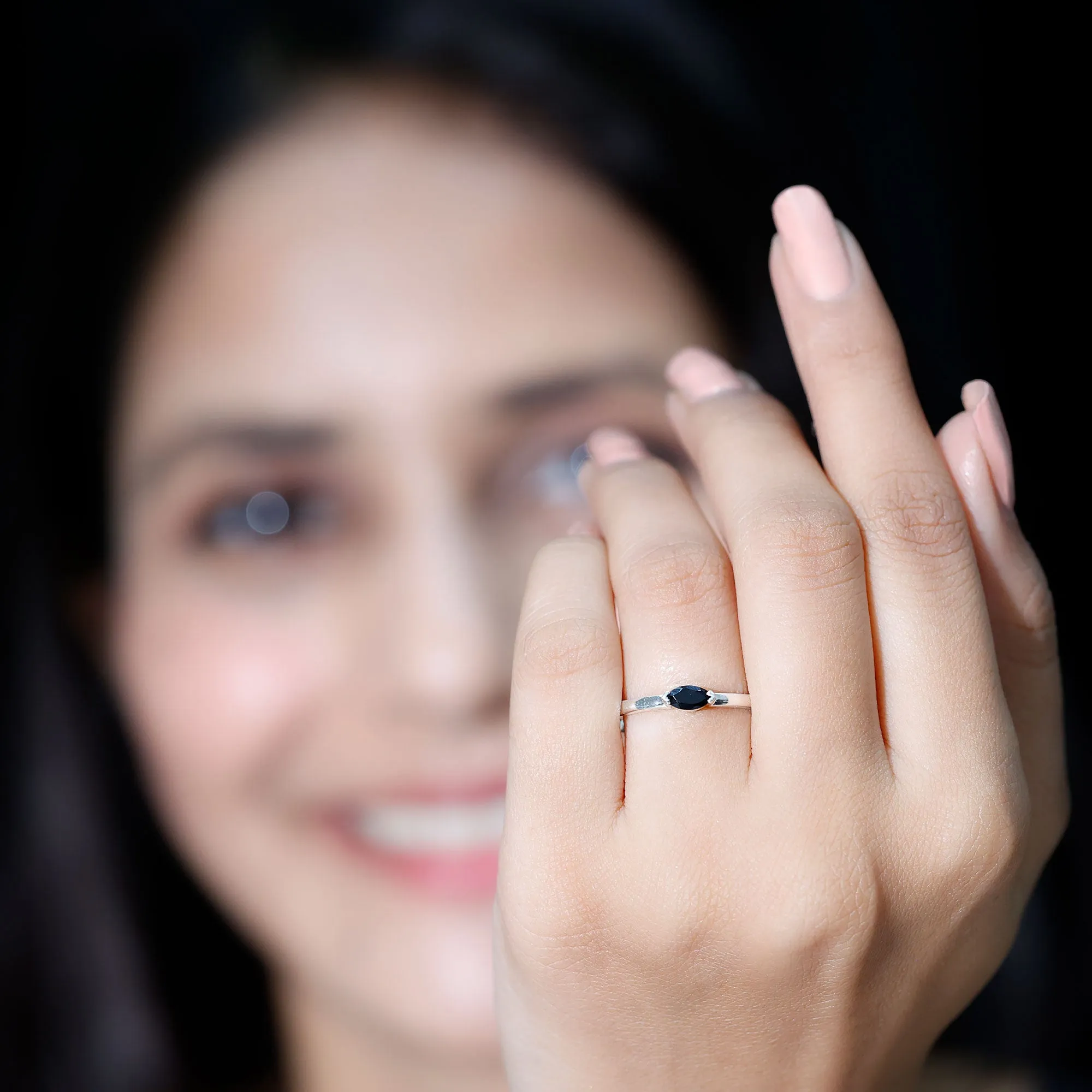 Marquise Cut Solitaire Black Onyx East West Promise Ring