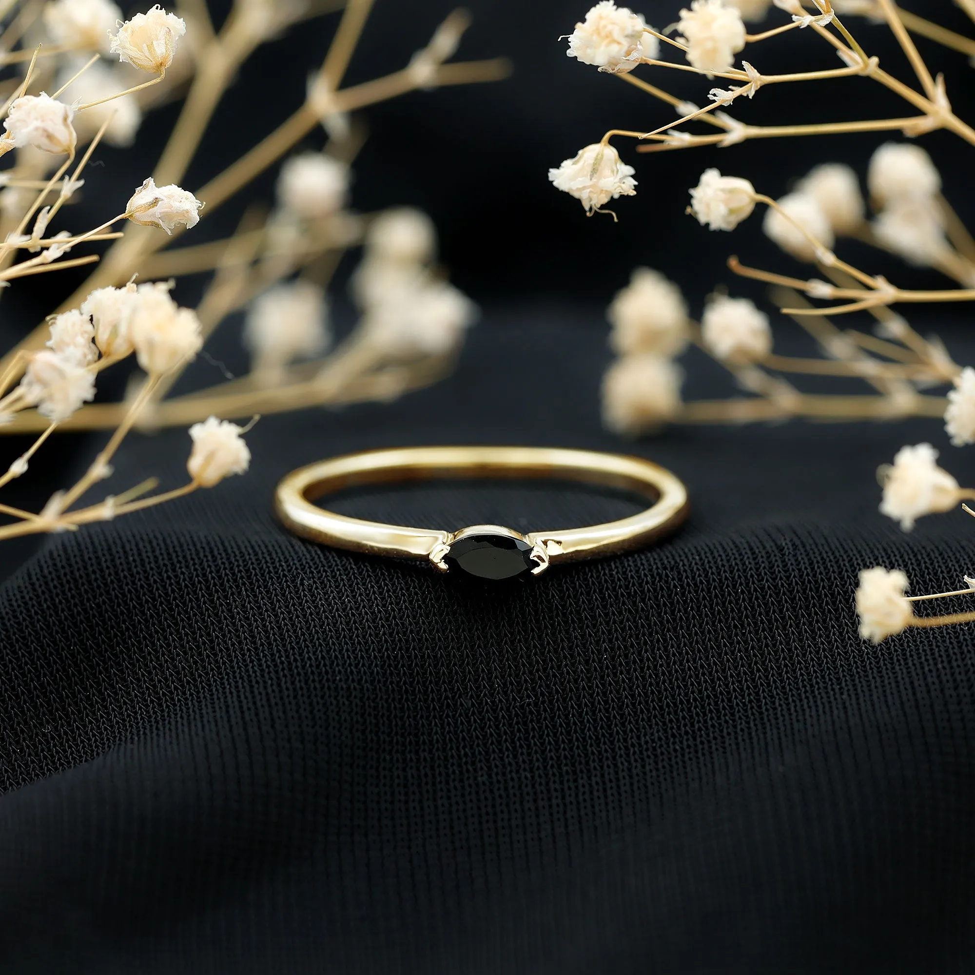 Marquise Cut Solitaire Black Onyx East West Promise Ring