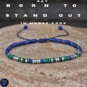 Morse code BORN TO STAND OUT Lapis Lazuli gemstone bracelet, Motivational Inspirational Adjustable Bracelet, Autism Awareness, Encouraging