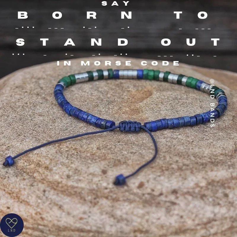 Morse code BORN TO STAND OUT Lapis Lazuli gemstone bracelet, Motivational Inspirational Adjustable Bracelet, Autism Awareness, Encouraging