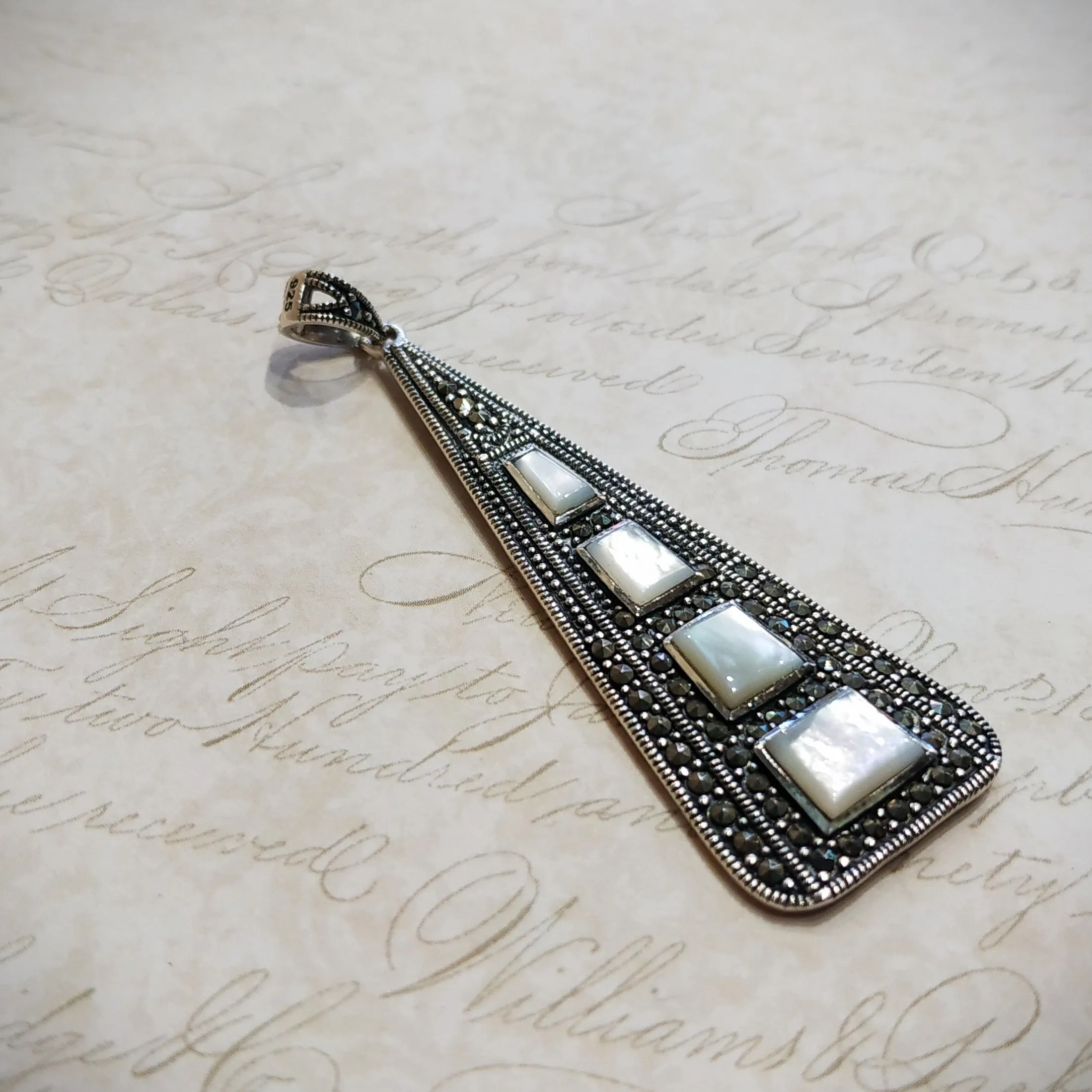 Mother of Pearl Art Deco Pendant  Silver Marcasite