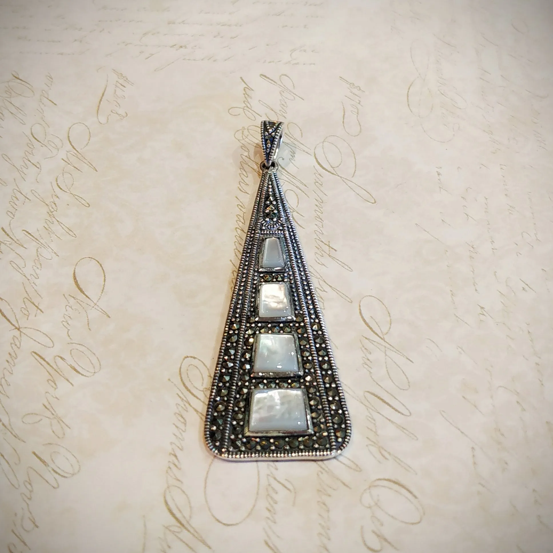 Mother of Pearl Art Deco Pendant  Silver Marcasite