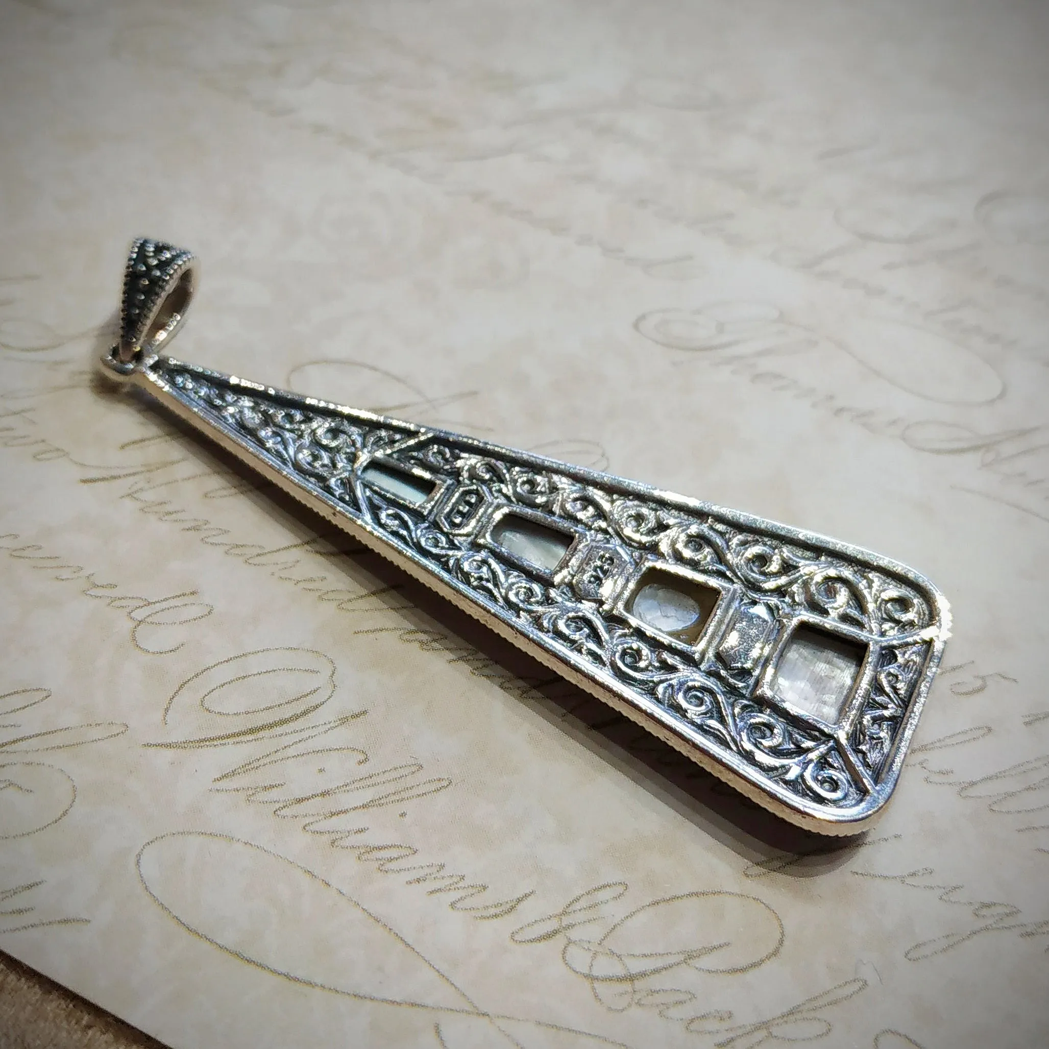 Mother of Pearl Art Deco Pendant  Silver Marcasite